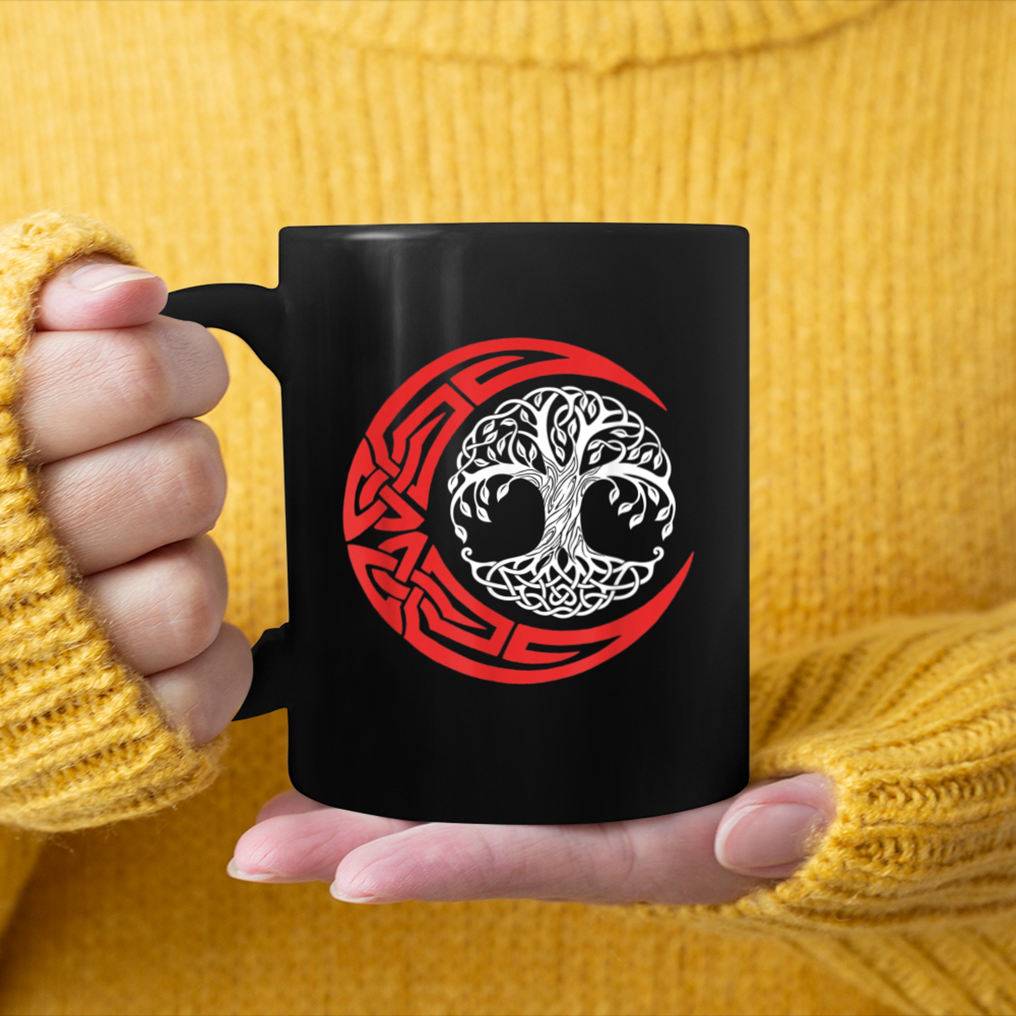 Red Moon Wiccan Celtic Knots Tree Of Life Viking Oracle mug black