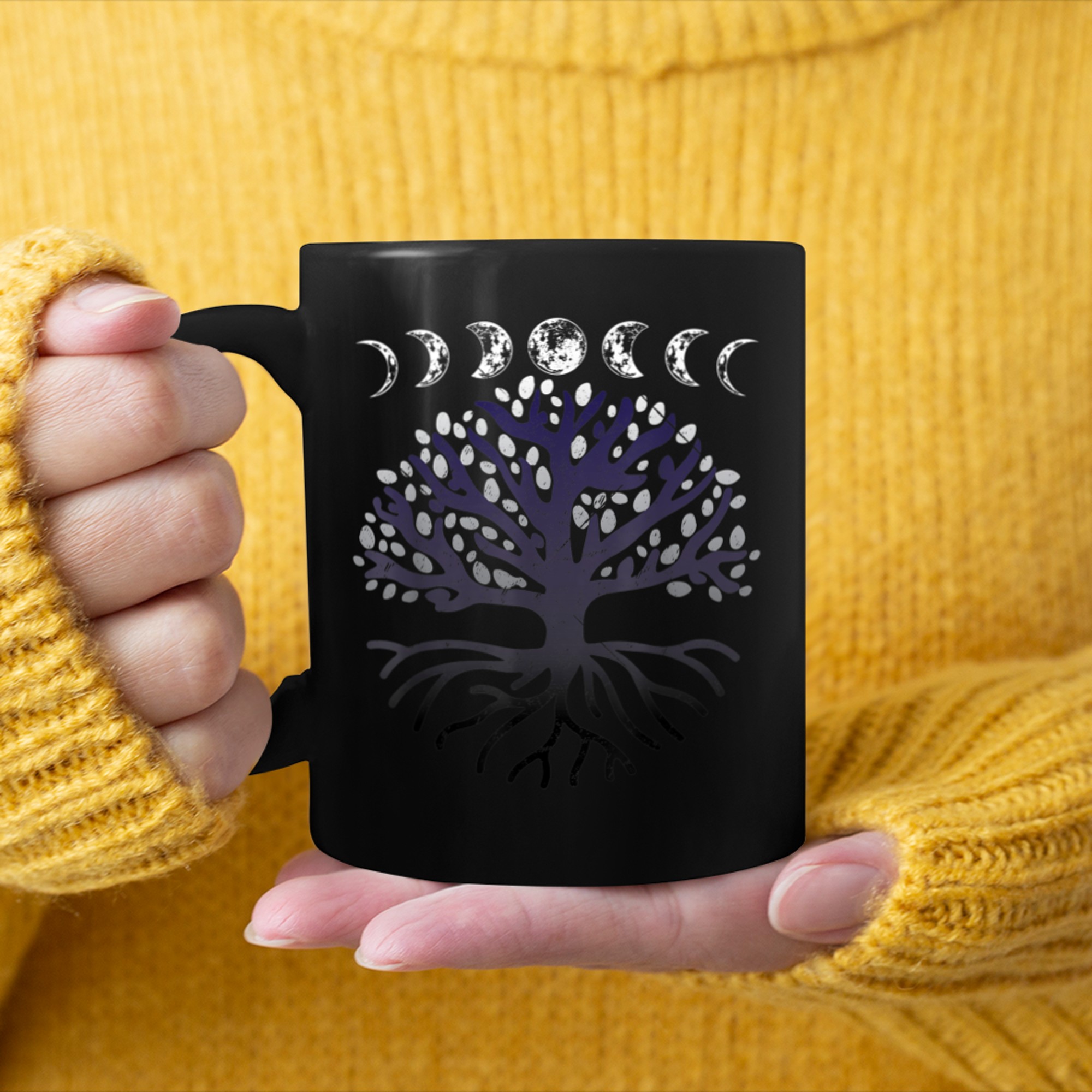 Retro Distressed Phases of the Moon Tree of Life Graphic mug black