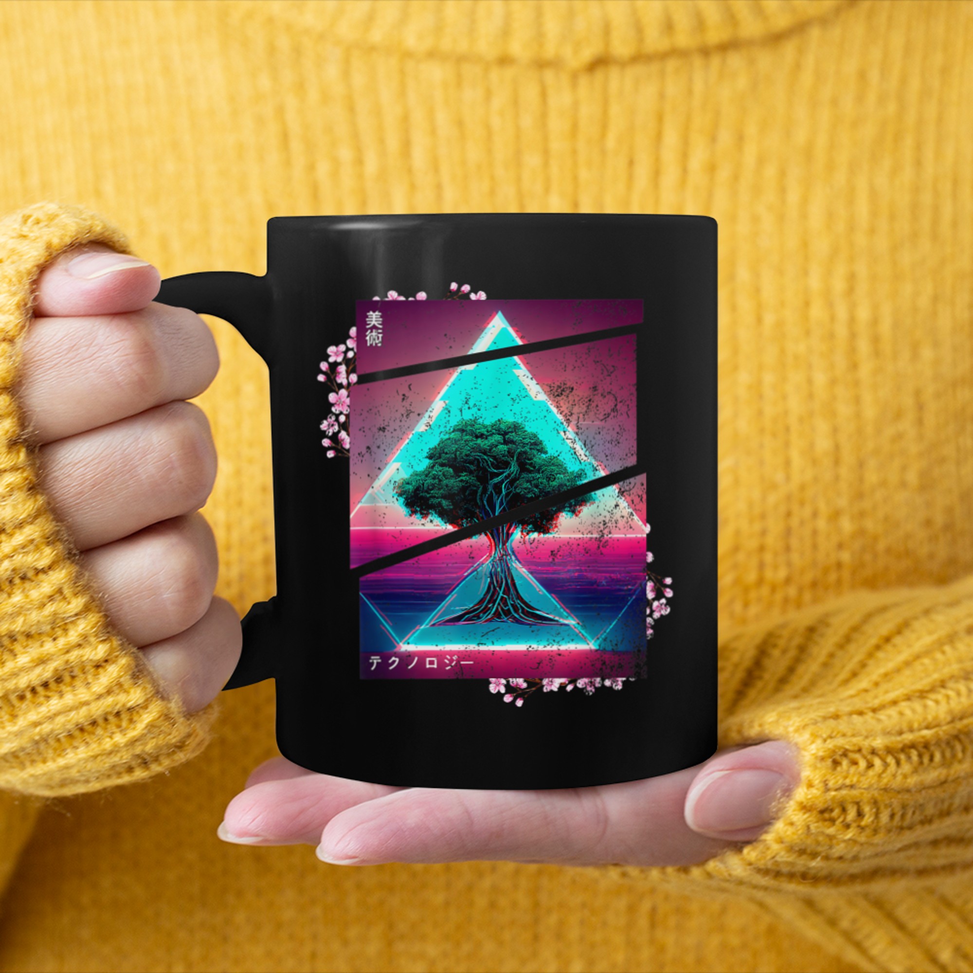 Retrowave roots of tree indie life and Lofi japan aesthetic (1) mug black