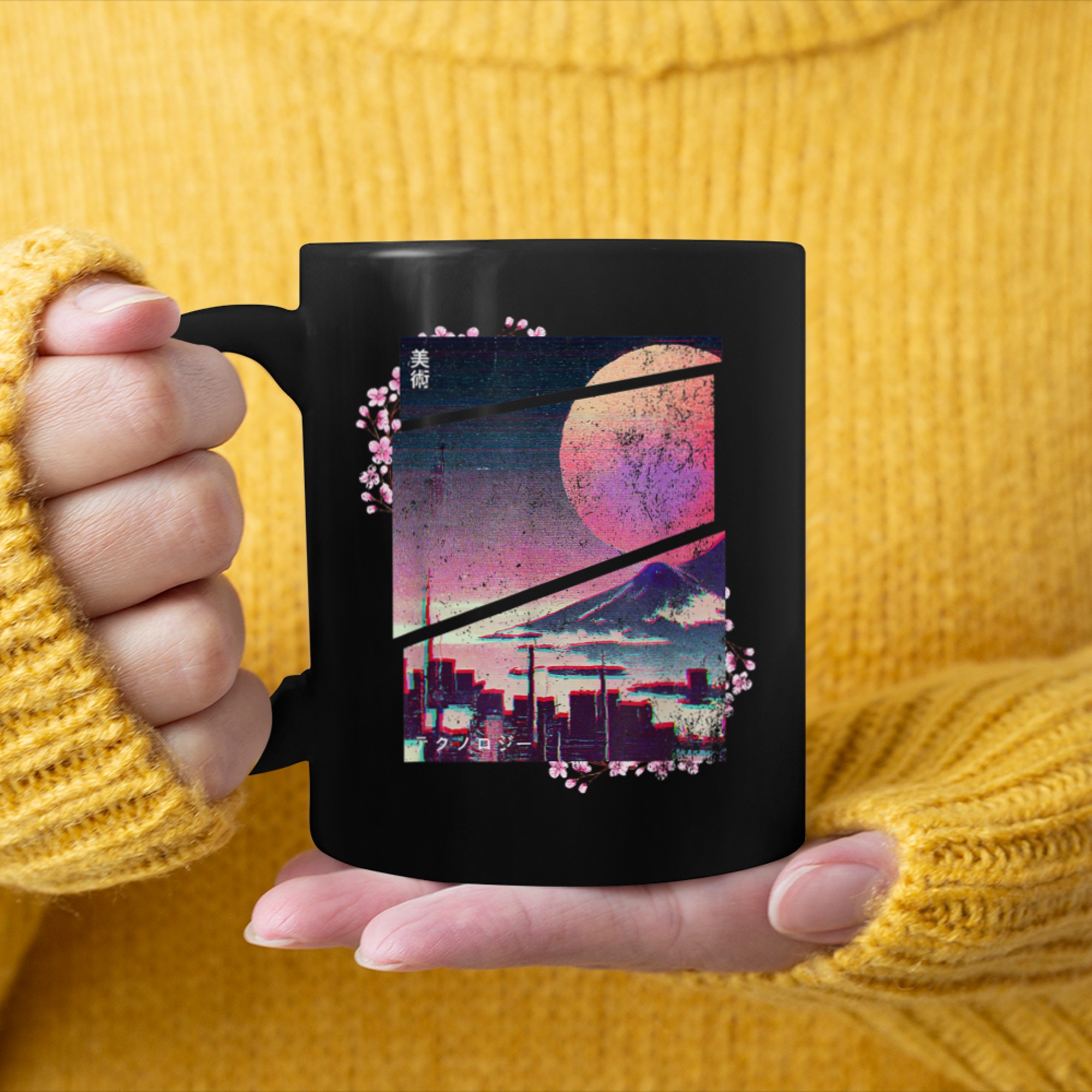 Retrowave roots of tree indie life and Lofi japan aesthetic (2) mug black