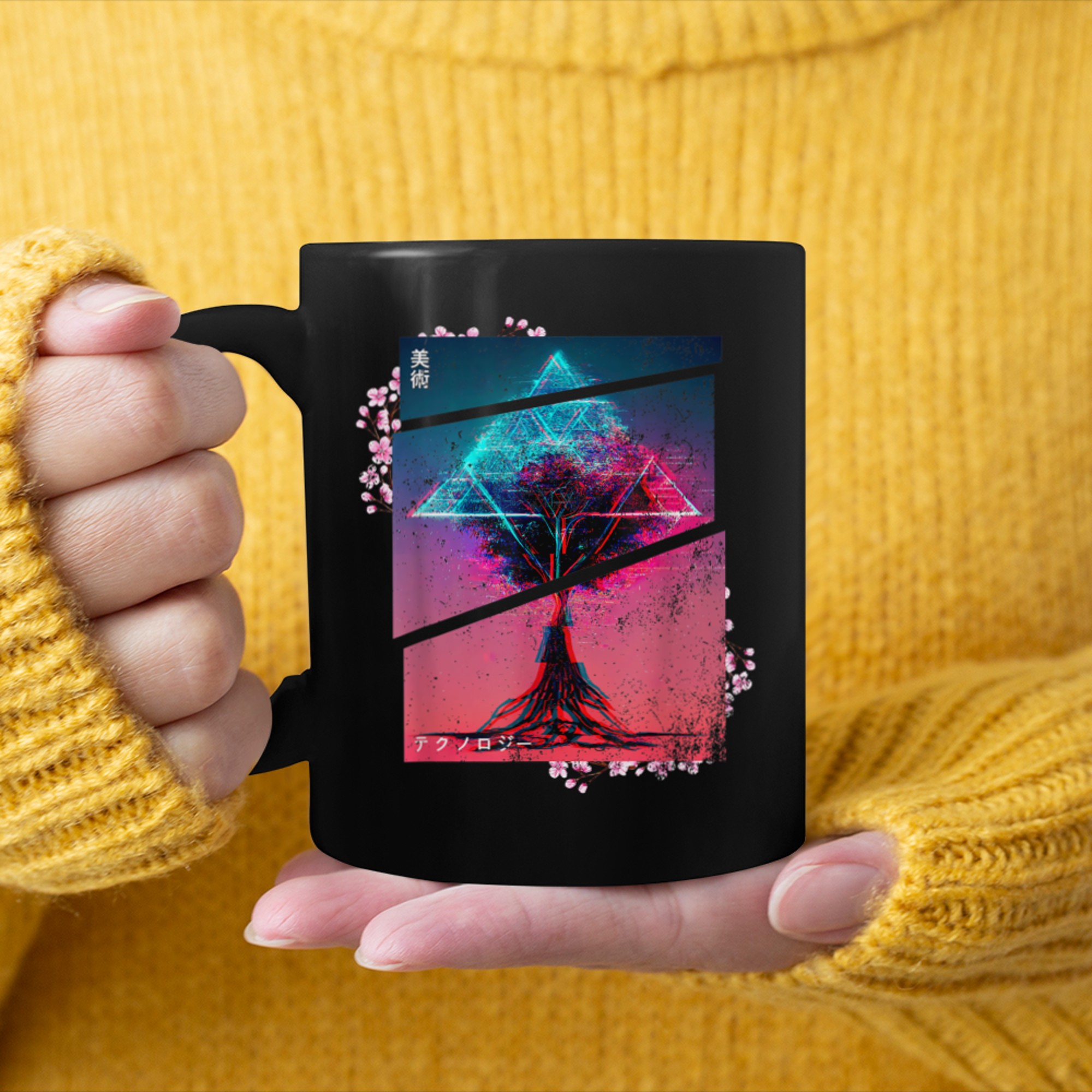 Retrowave roots of tree indie life and Lofi japan aesthetic (4) mug black