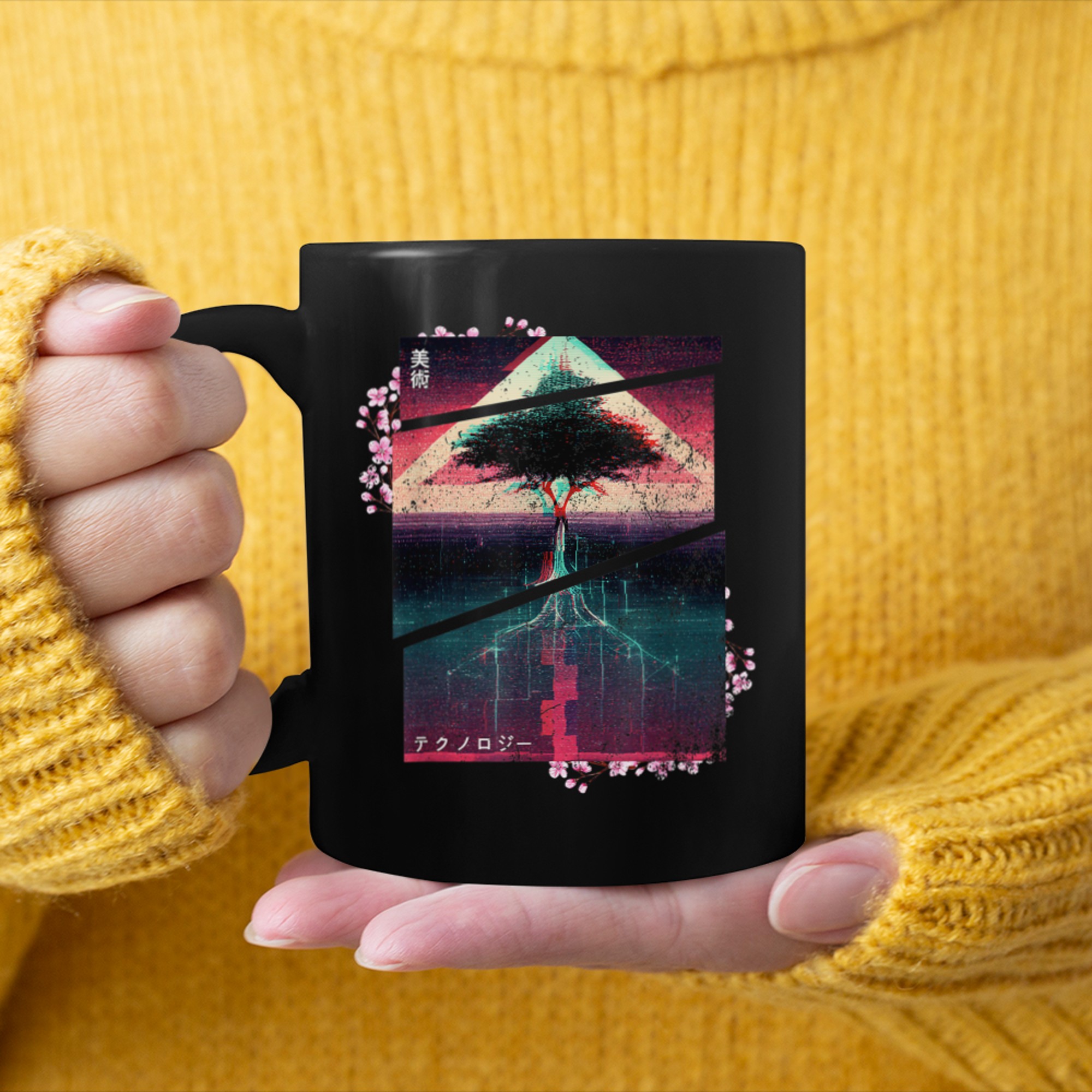 Retrowave roots of tree indie life and Lofi japan aesthetic (5) mug black