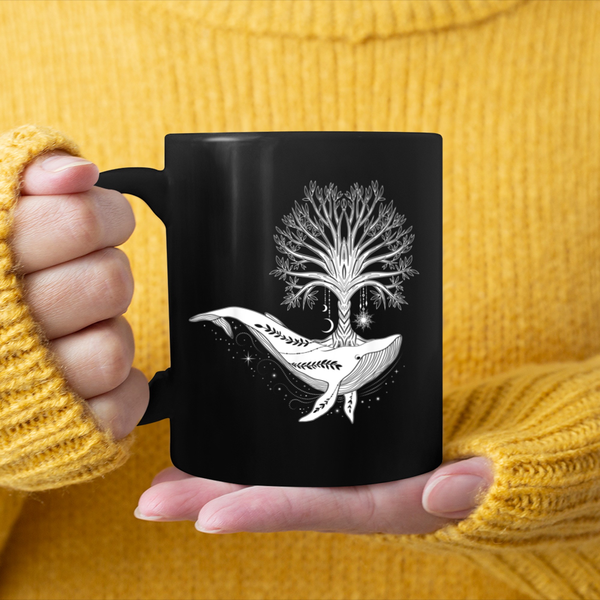 Sacred Tree Geometry Psychic Reading Tarot Boho Whale mug black