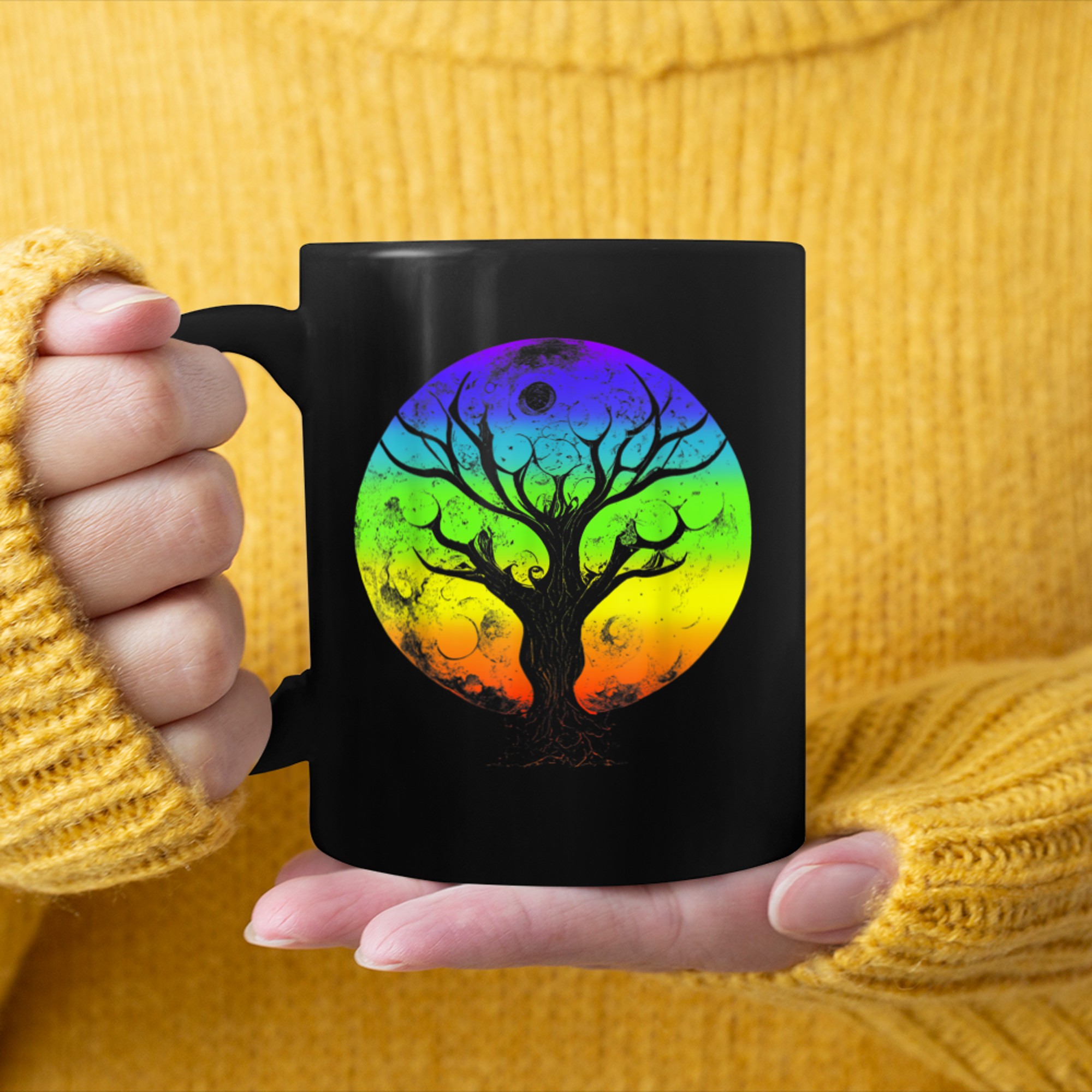 Sacred Tree of Life Moon Chakra Colors mug black