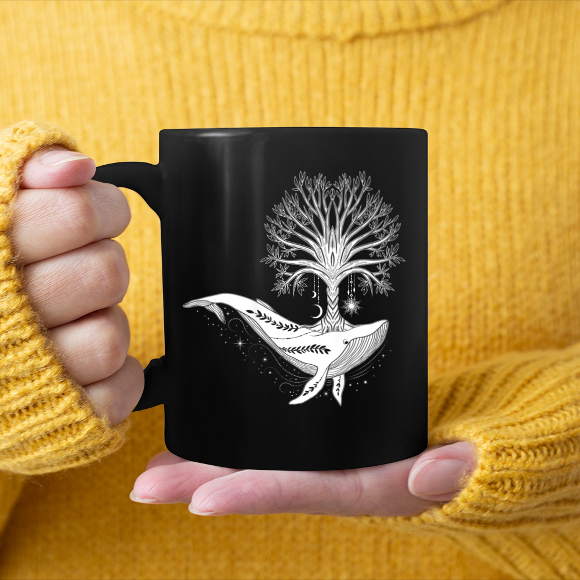 Sacred Tree Psychic Reading Tarot Boho Whale - Art on Back mug black