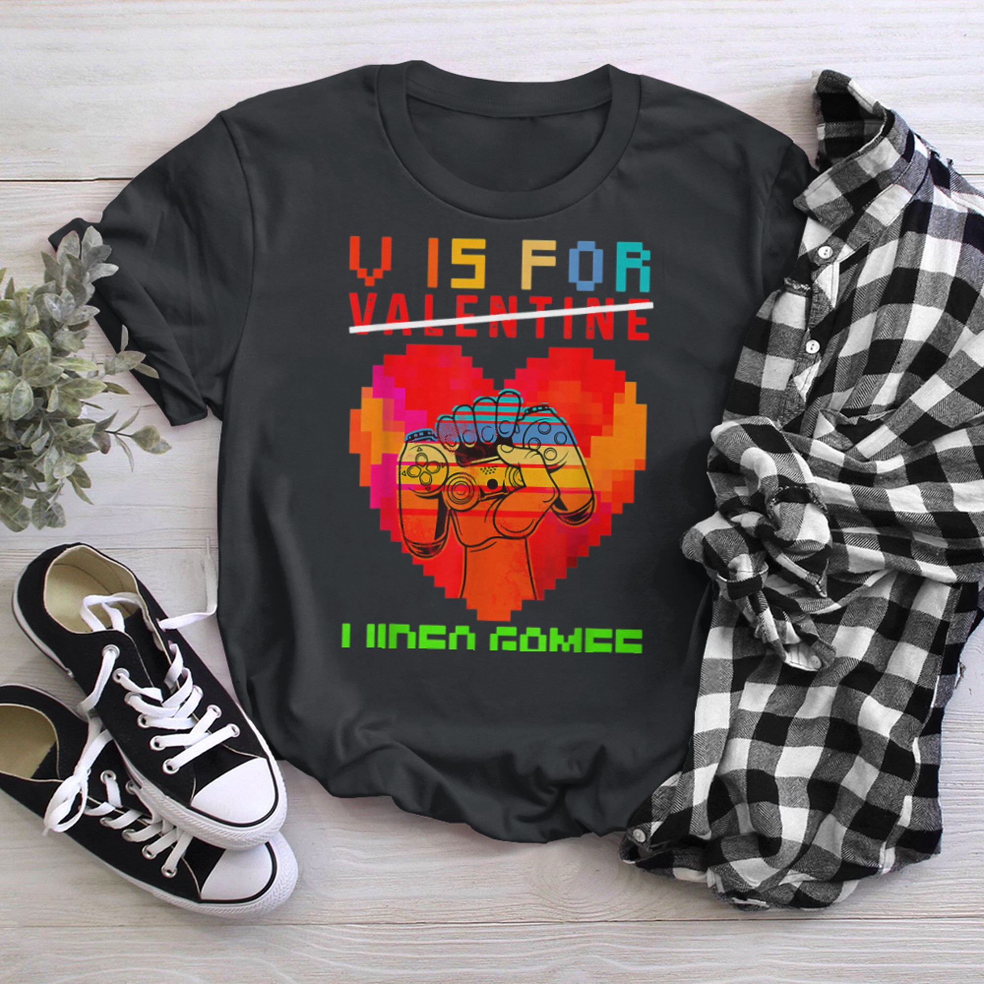 V is for my Video Games Valentine's Day Funny Gamers t-shirt black