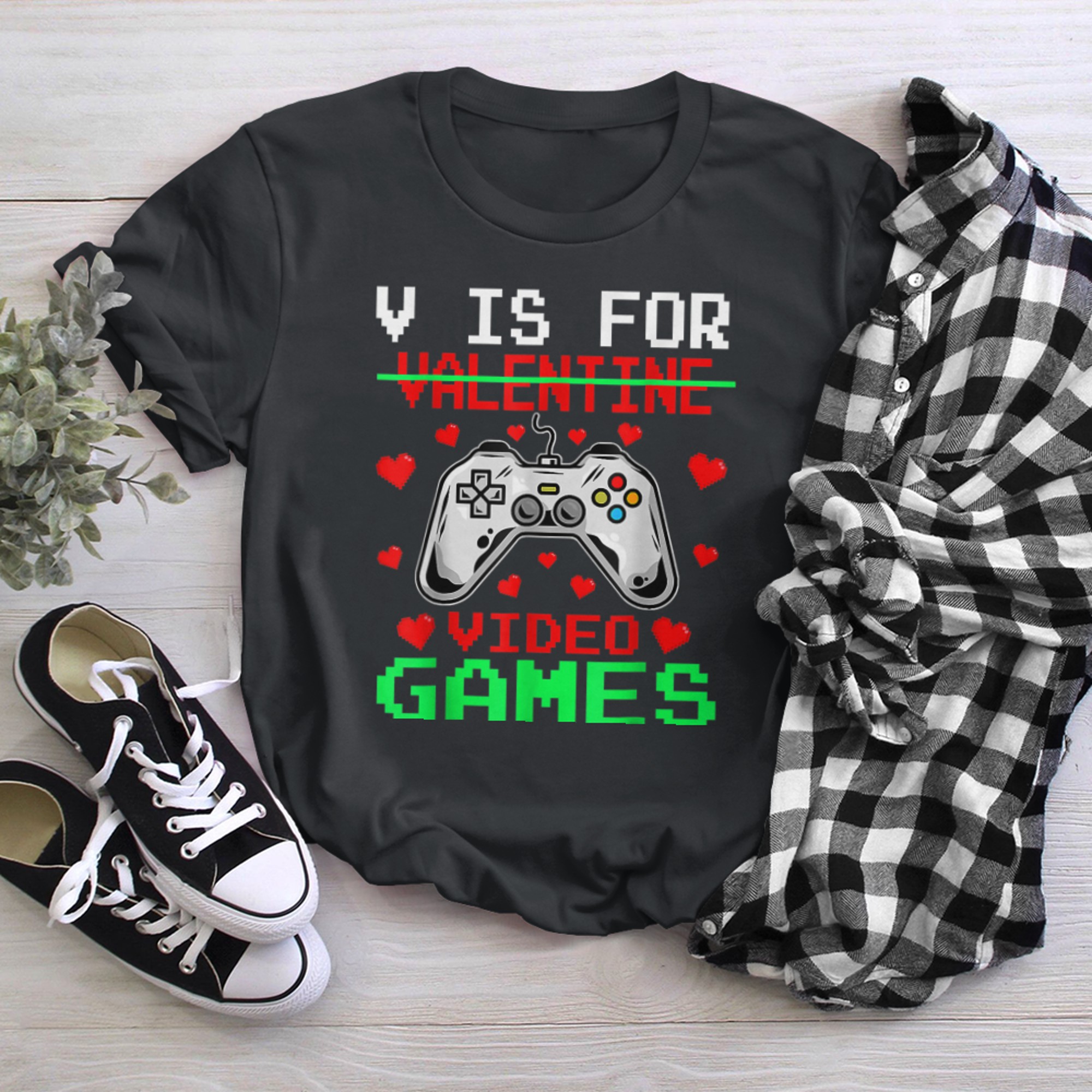 V Is For Valentine Video Games Cool Controller Funny Gamer t-shirt black