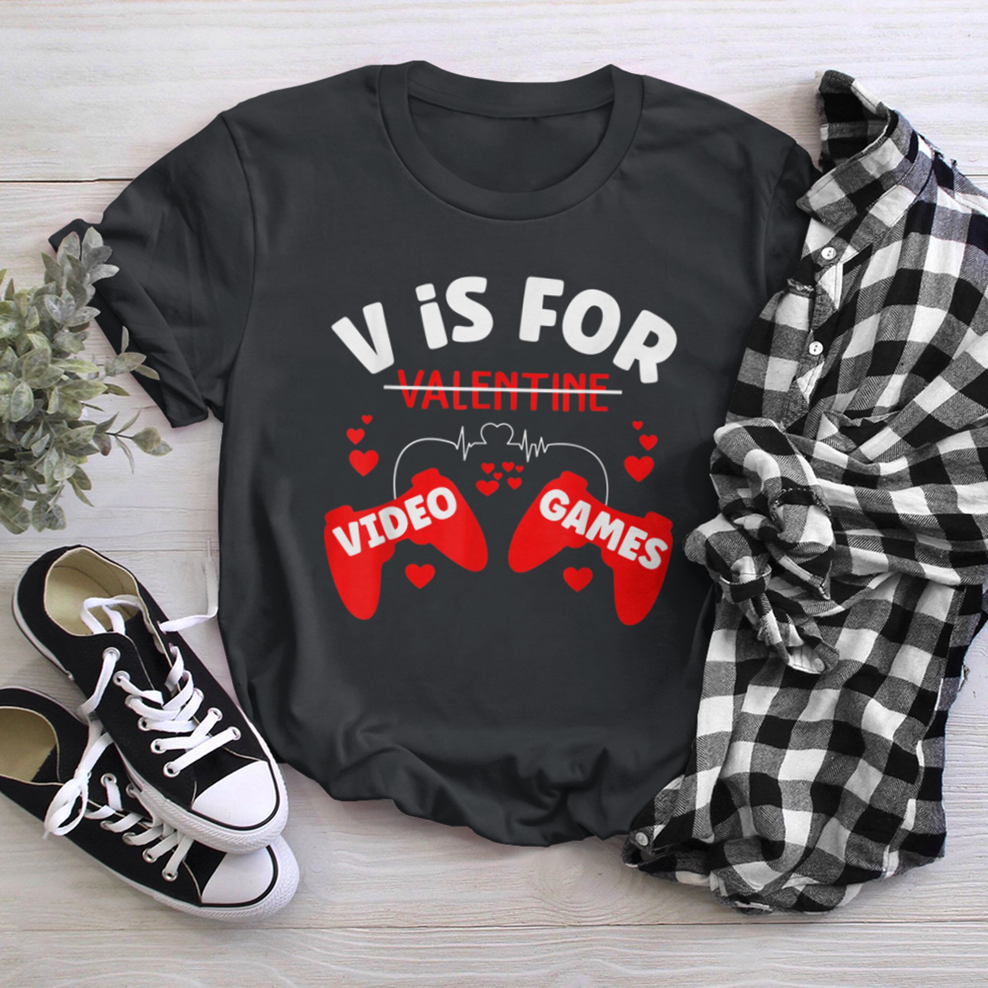 V Is For Video Games Funny Valentine's Day Gamer (15) t-shirt black