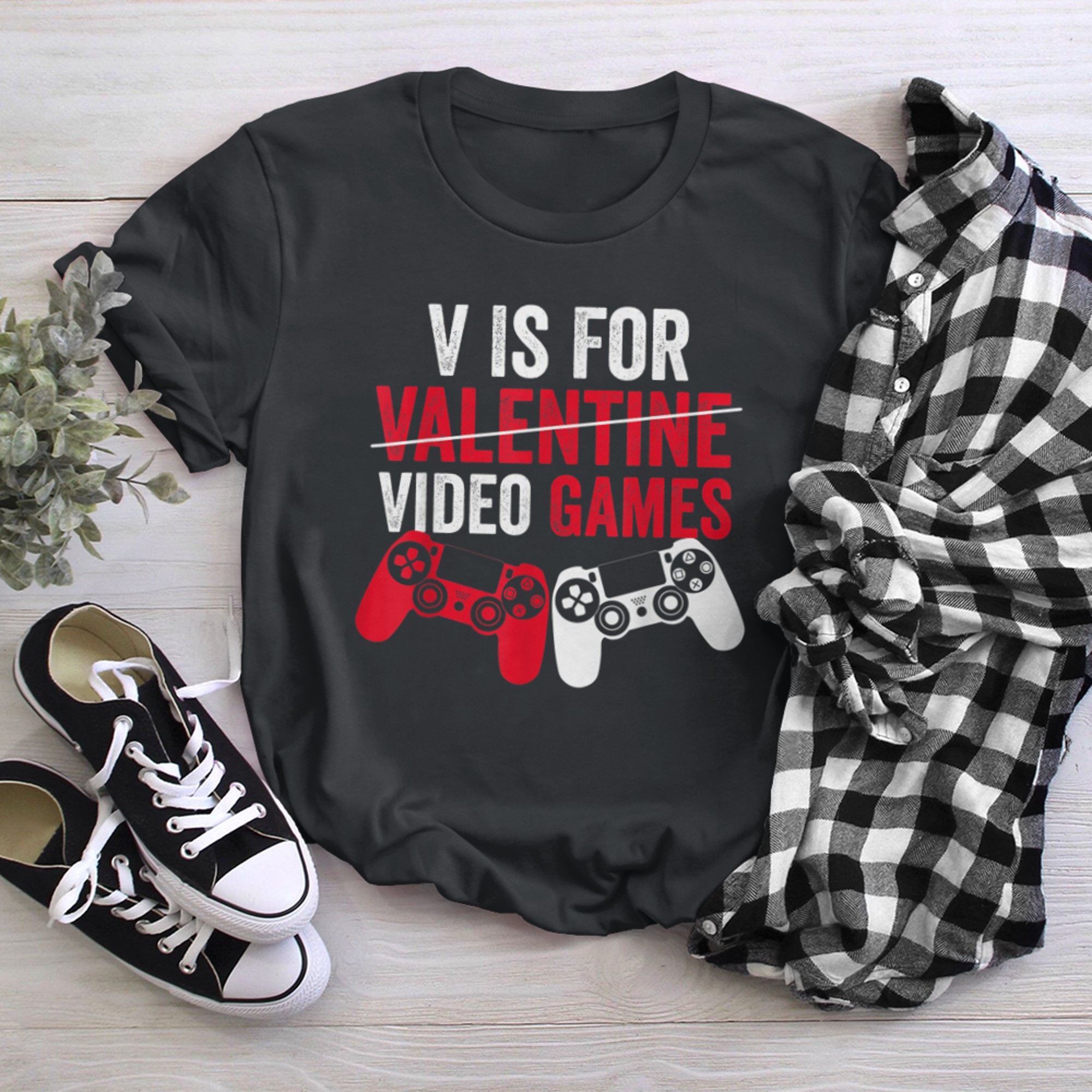 V Is For Video Games Funny Valentines Day Gamer Adults (1) t-shirt black