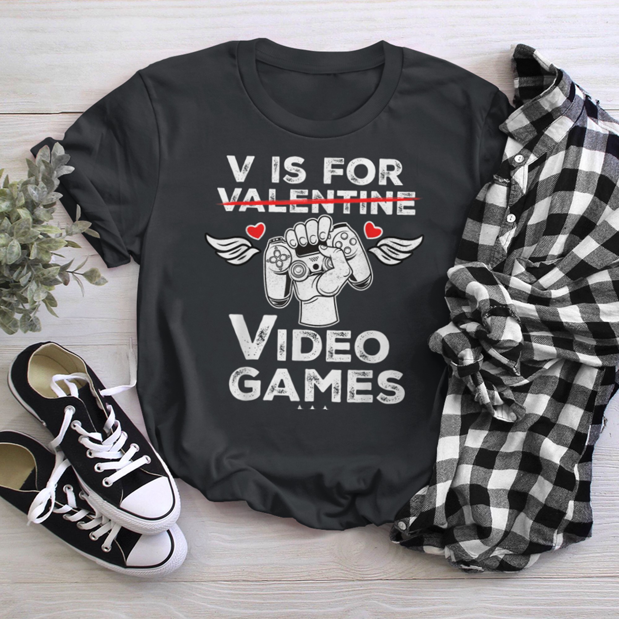 V Is For Video Games Funny Valentines Day Gamer Valentine's t-shirt black