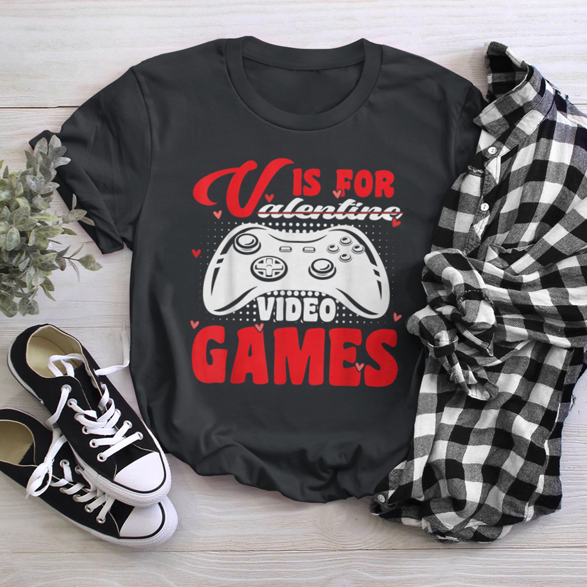 V Is For Video Games Funny Valentines Day Gamer Women t-shirt black