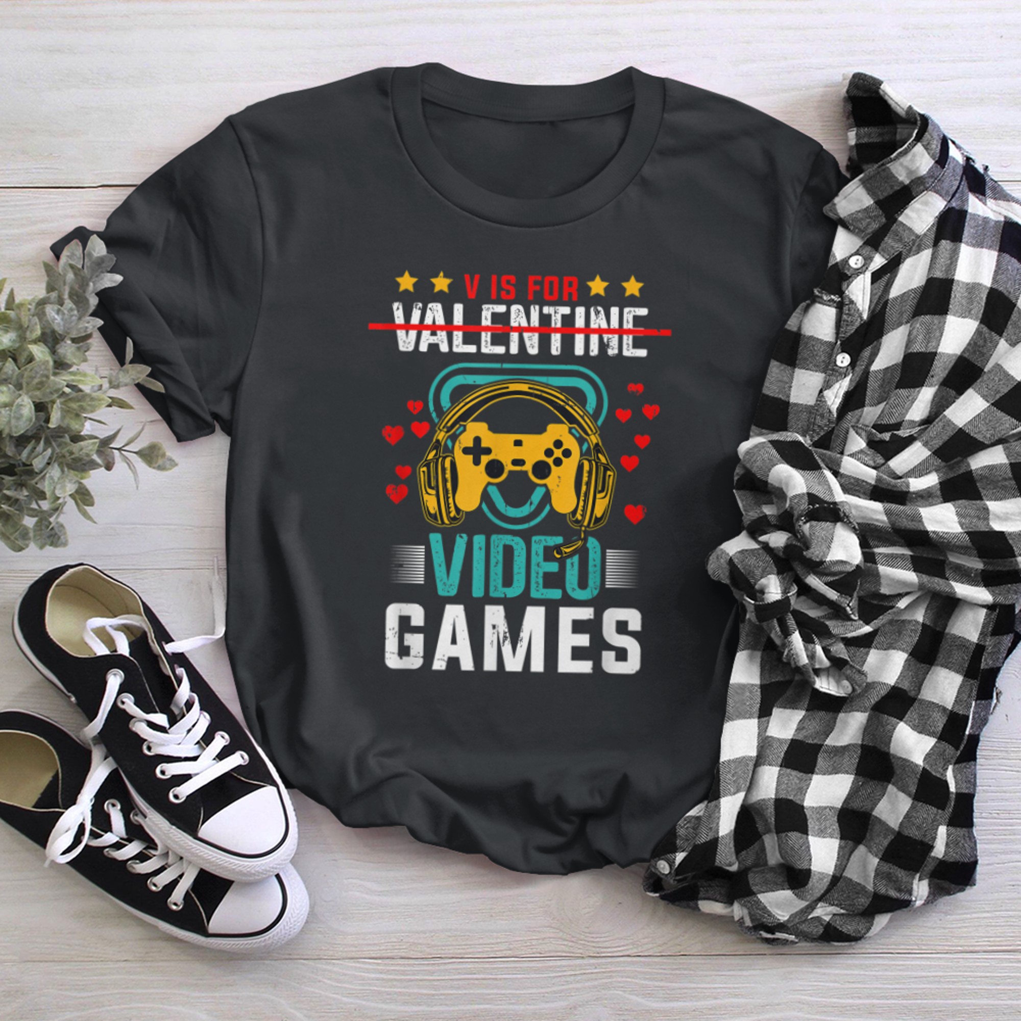 V Is For Video Games Funny Valentine's Day t-shirt black