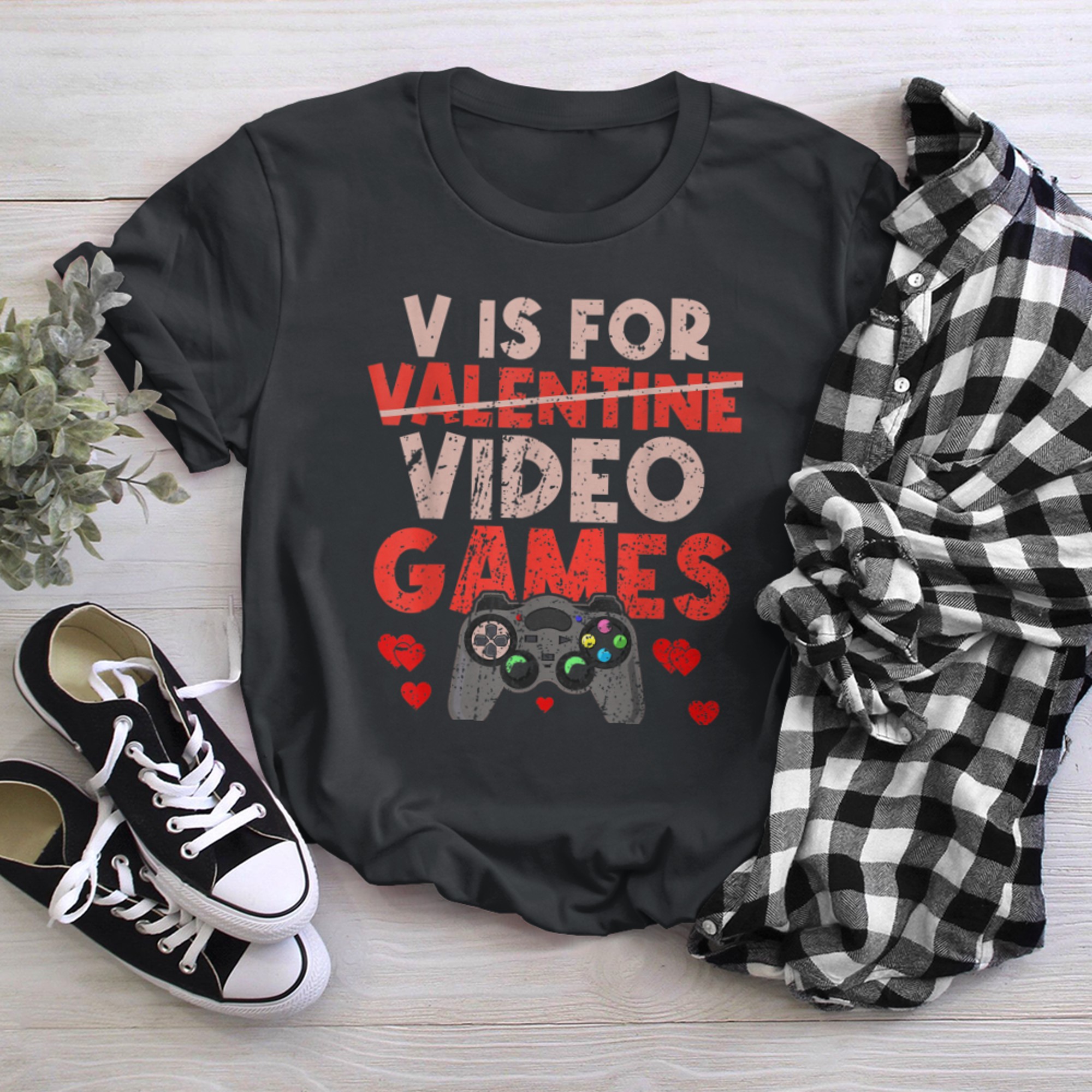 V Is For Video Games Funny Valentine's Day Video Gamer t-shirt black