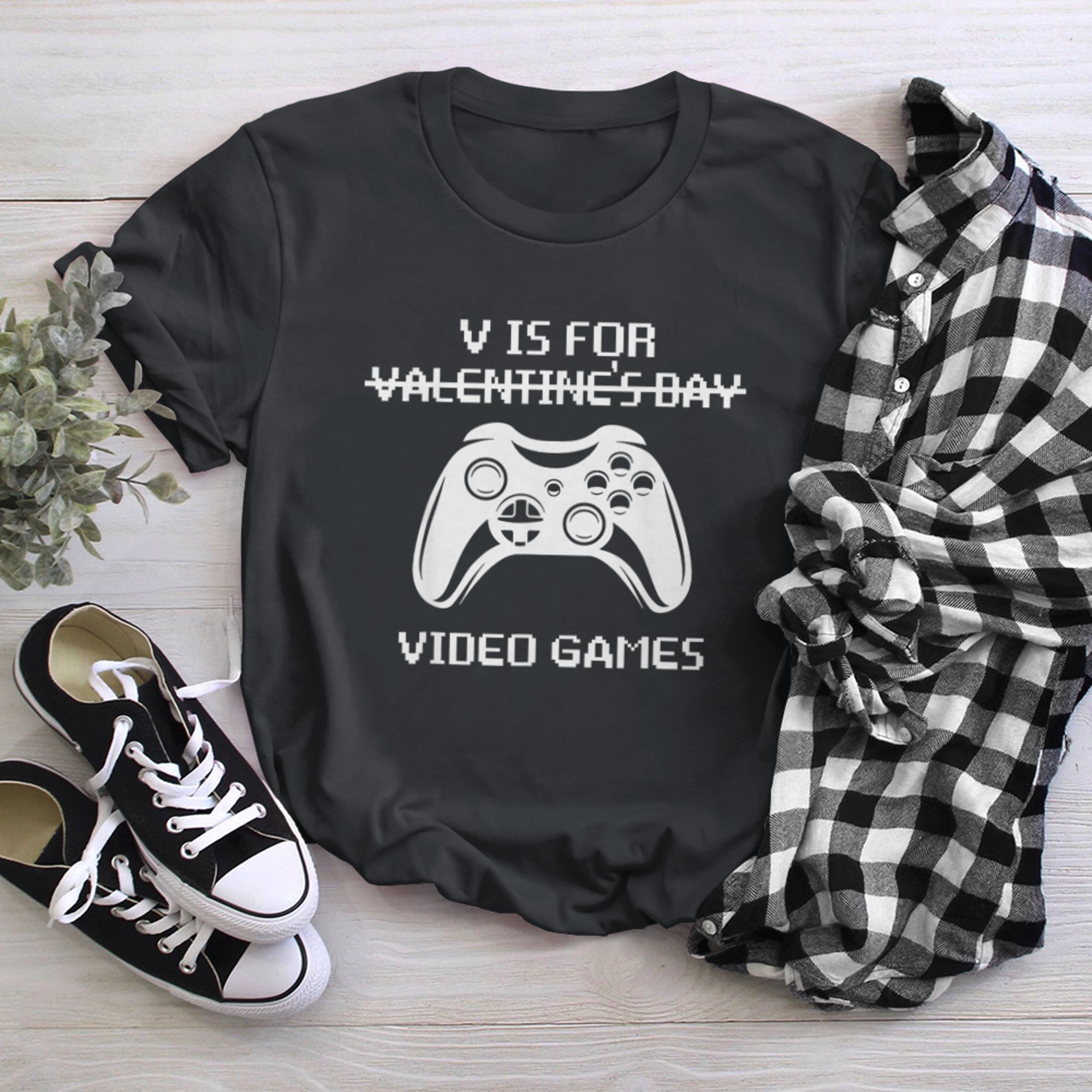 V Is For Video Games Not Valentine's Day Funny t-shirt black