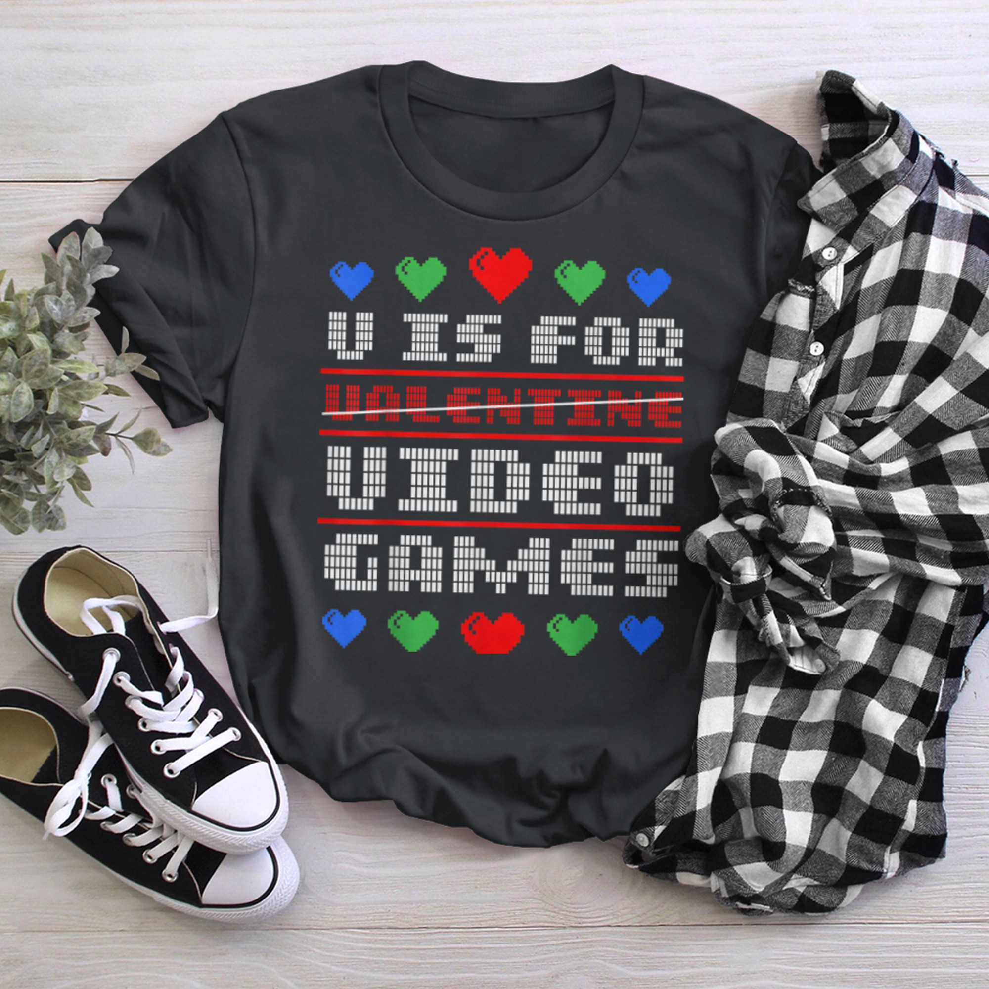 V Is For Video Games Shirt Pixelart Gamer Valentine's Day t-shirt black