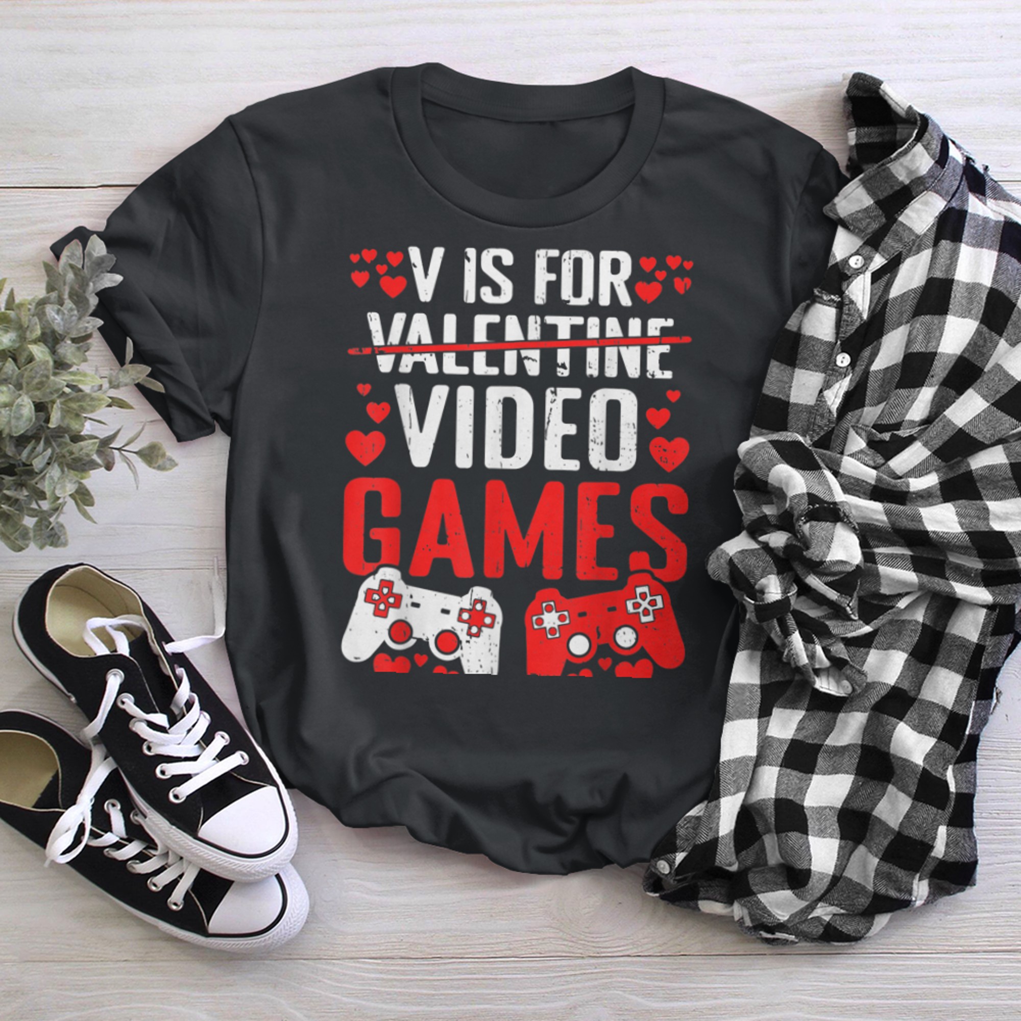 V Is For Video Games Valentines Day Funny Valentine Gaming (2) t-shirt black