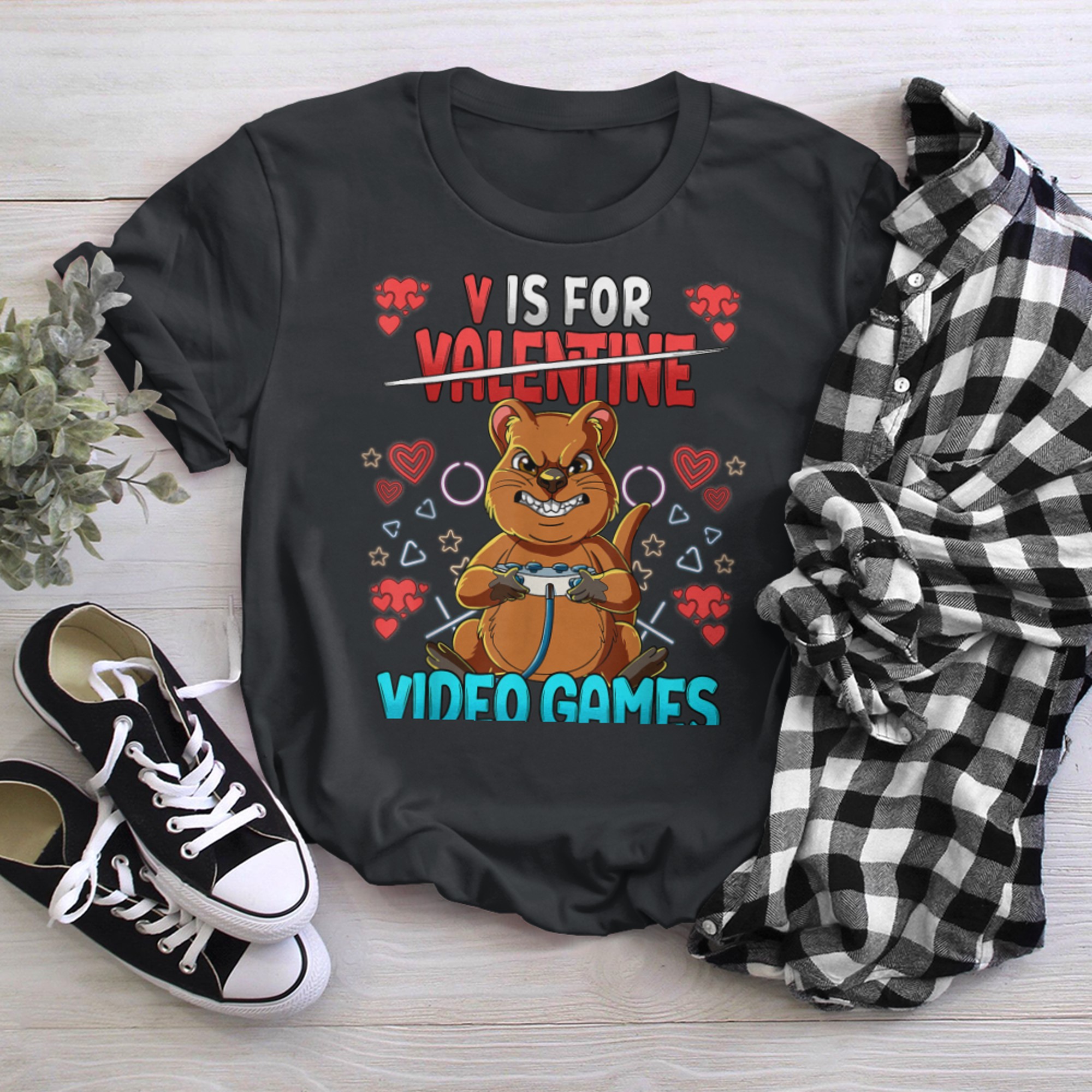 V Is For Video Games Valentines Day Gamer (16) t-shirt black