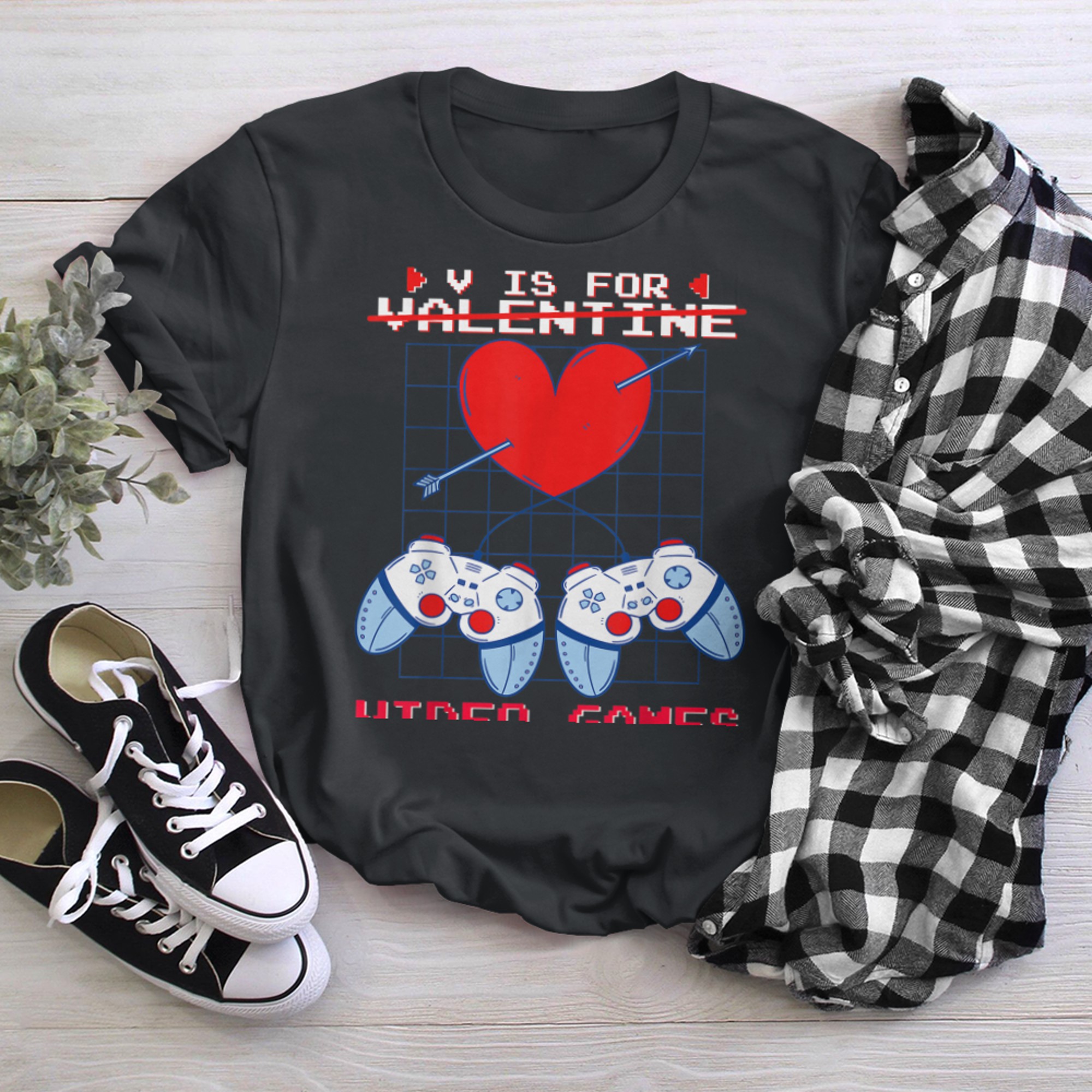 V is for Video Games Valentines Day Gamer Boys Gaming Vday t-shirt black