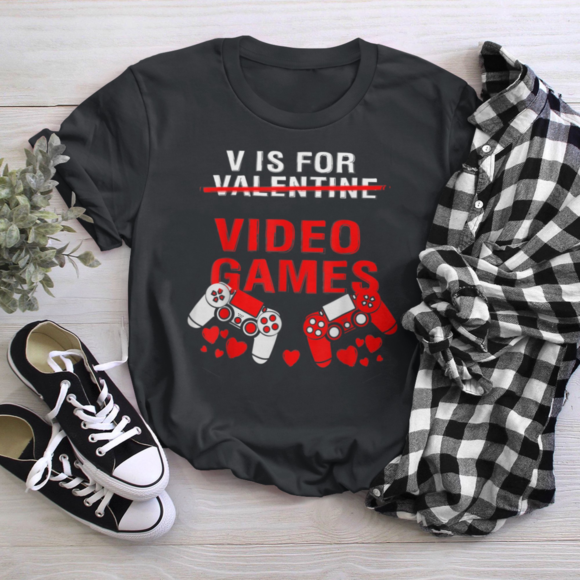 V Is For Video Games Valentines Day Gamer Women Girls Boys t-shirt black