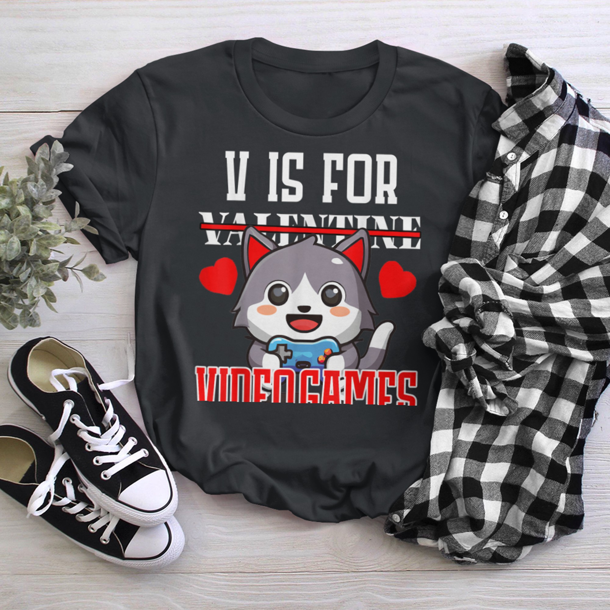 V Is For Video Games Valentines Day Kawaii Gaming cat t-shirt black