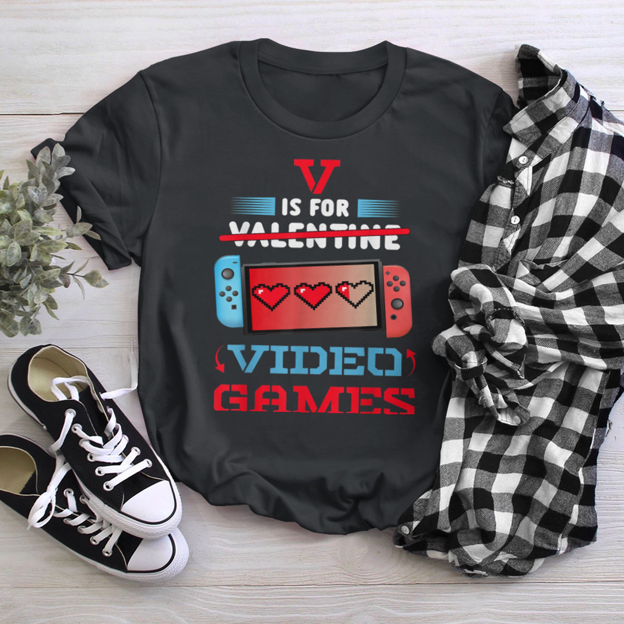 Valentines Day boys kids son V Is For Video Games gamer (11) t-shirt black