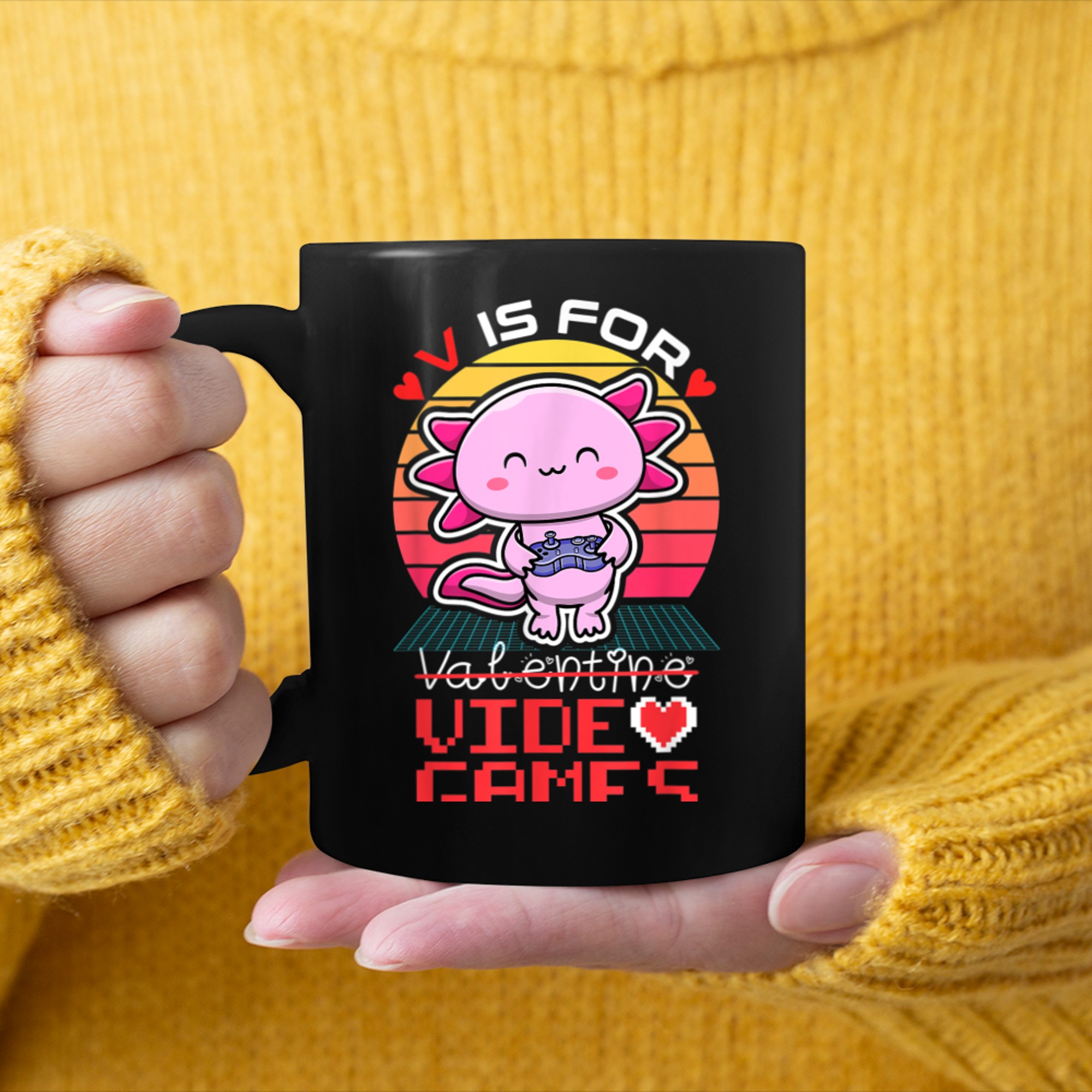 Axolotl V Is For Video Games Funny Gamer Valentines Day mug black