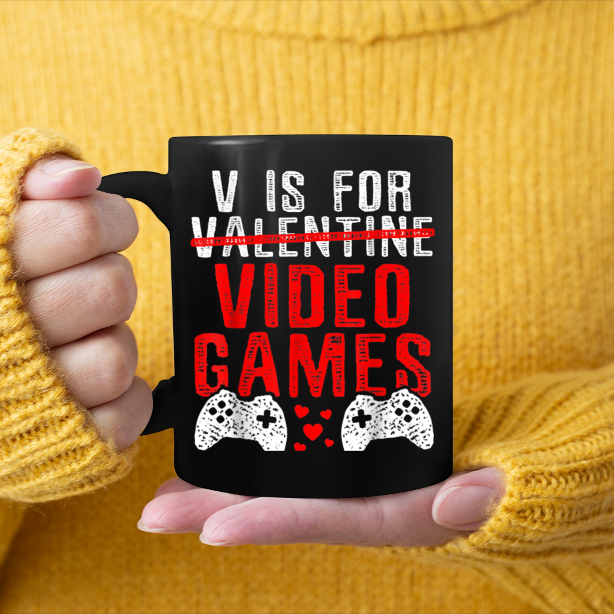 Boy Men V Is For Video Games Funny Valentines Day Gamer mug black