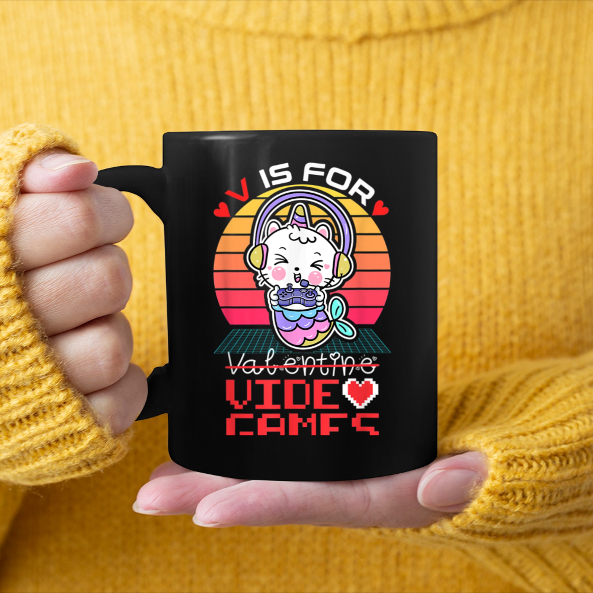 Caticorn V Is For Video Games Funny Gamer Valentines Day mug black