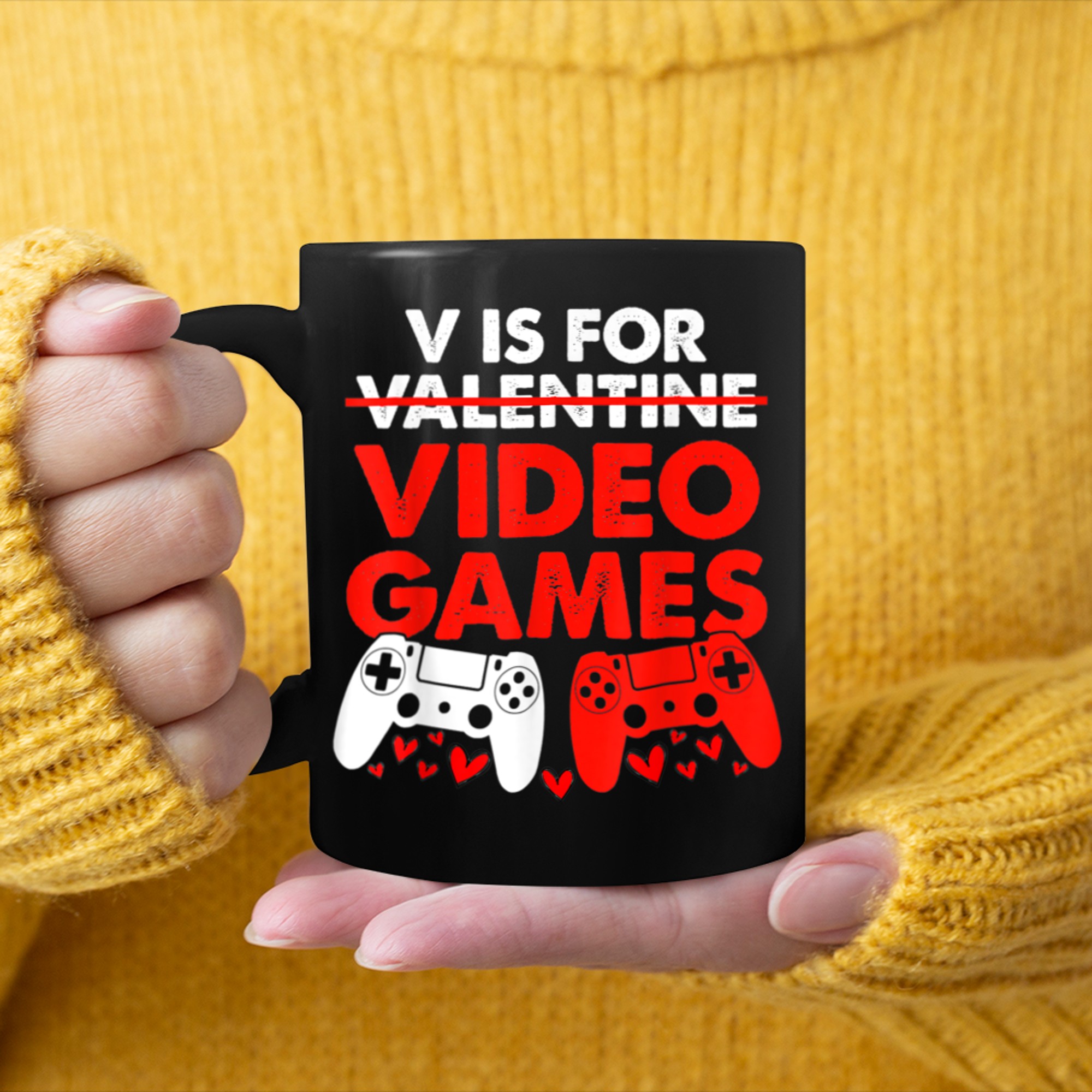 Funny Gamer Boy Men V Is For Video Games Valentines Day mug black