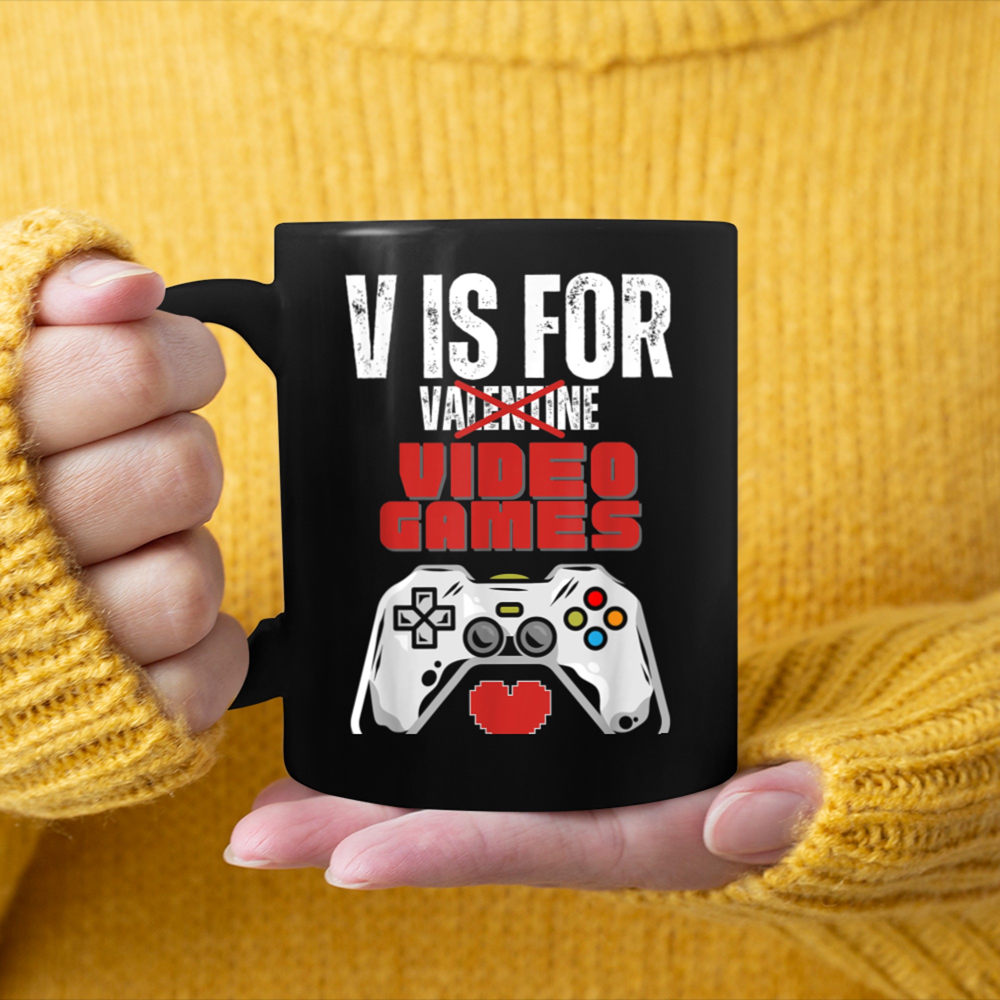 Funny Gamer V Is For Video Games Valentines Gaming Lover mug black