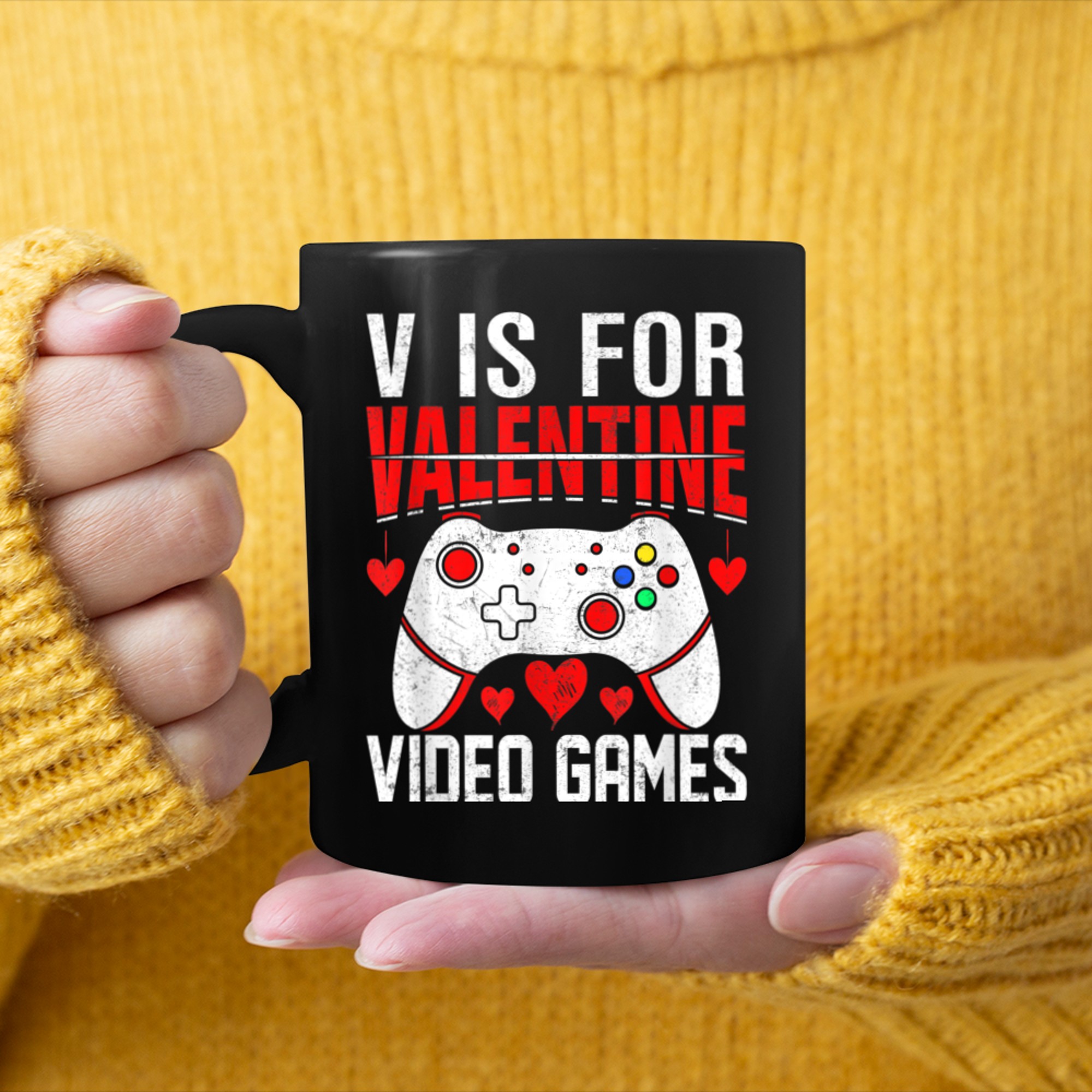 Funny V-is for Video Games -Valentine Heart Valentines Day mug black