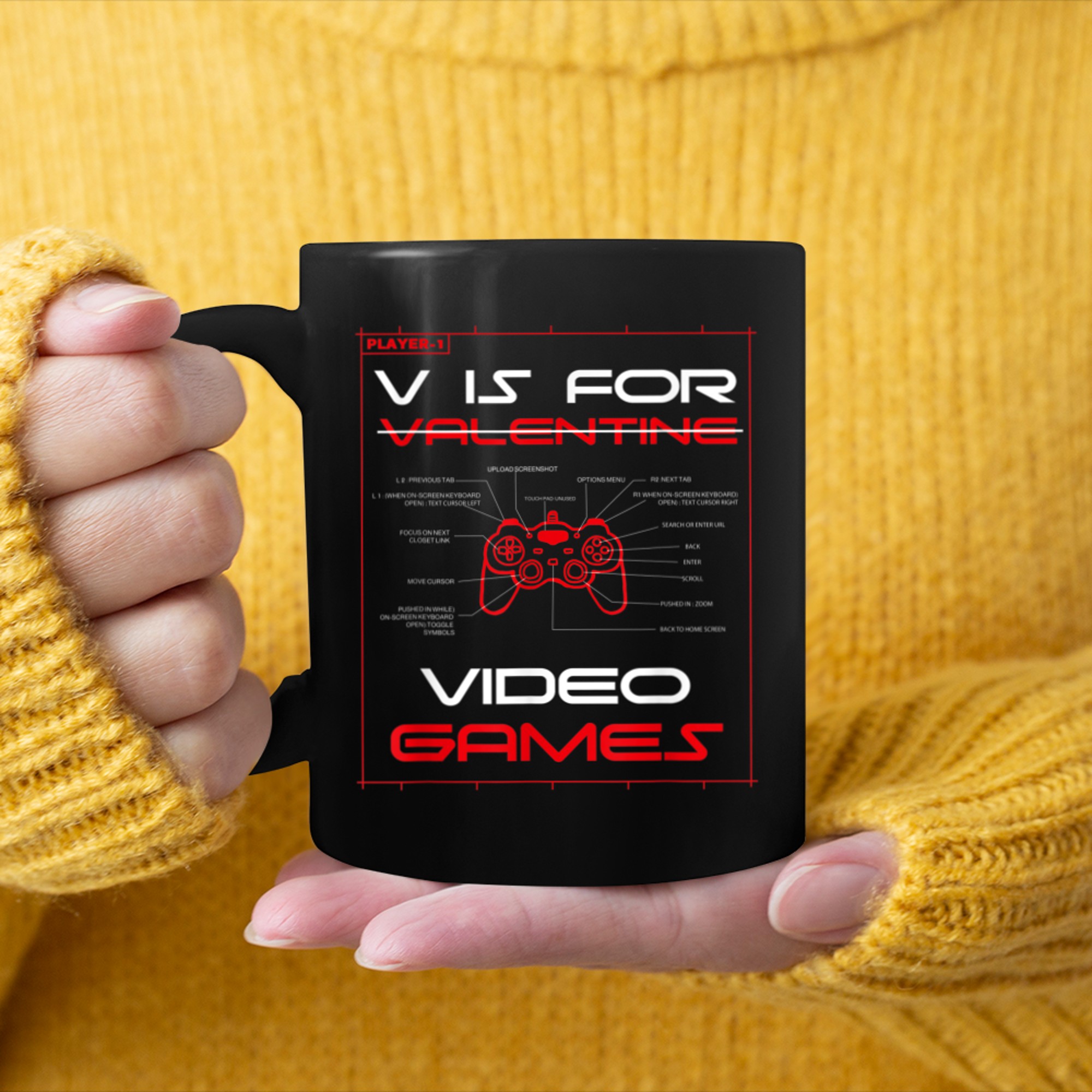 Funny V Is For Video Games controller anatomy Valentines Day mug black