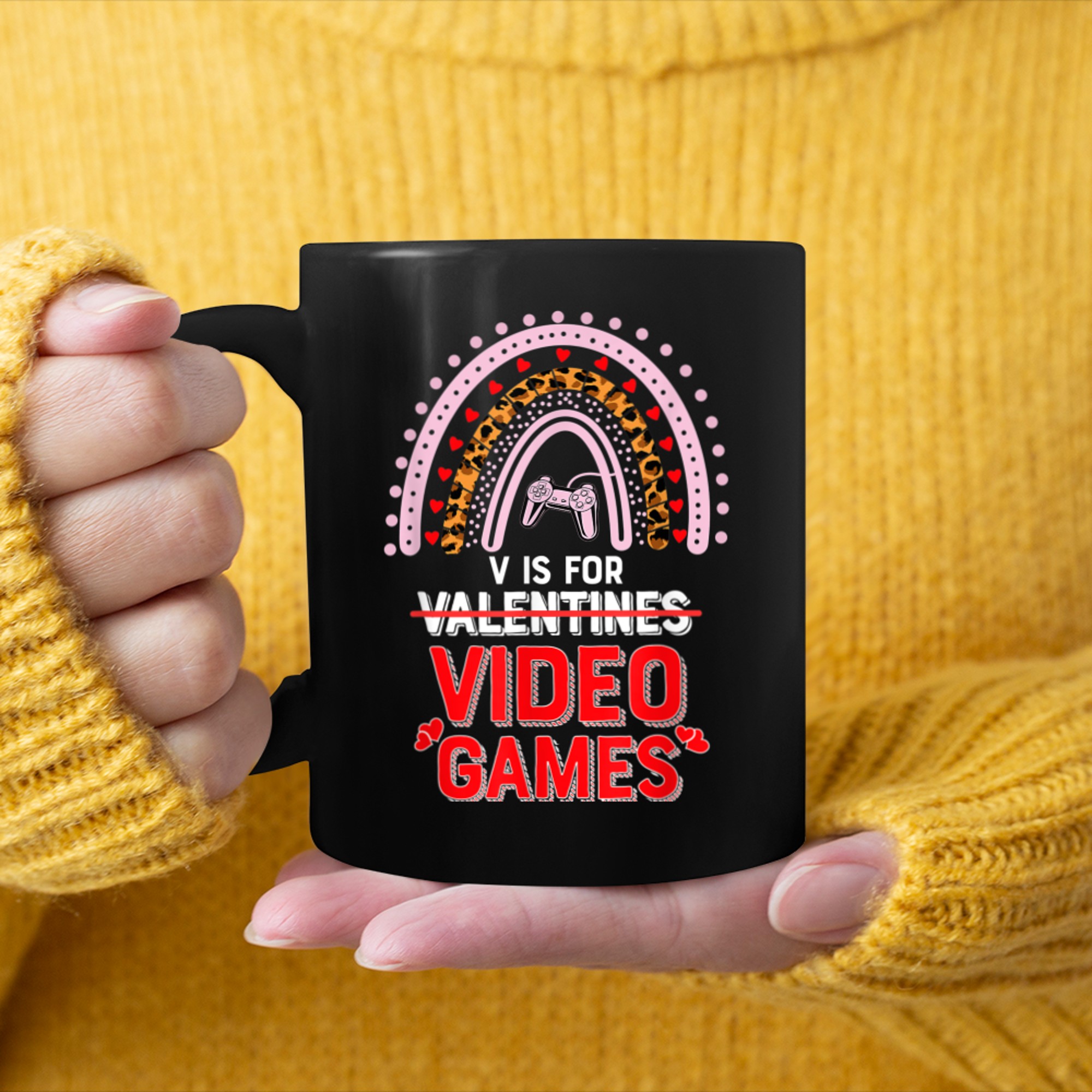 Funny V Is For Video Games Rainbow Valentines Day for Gamer mug black