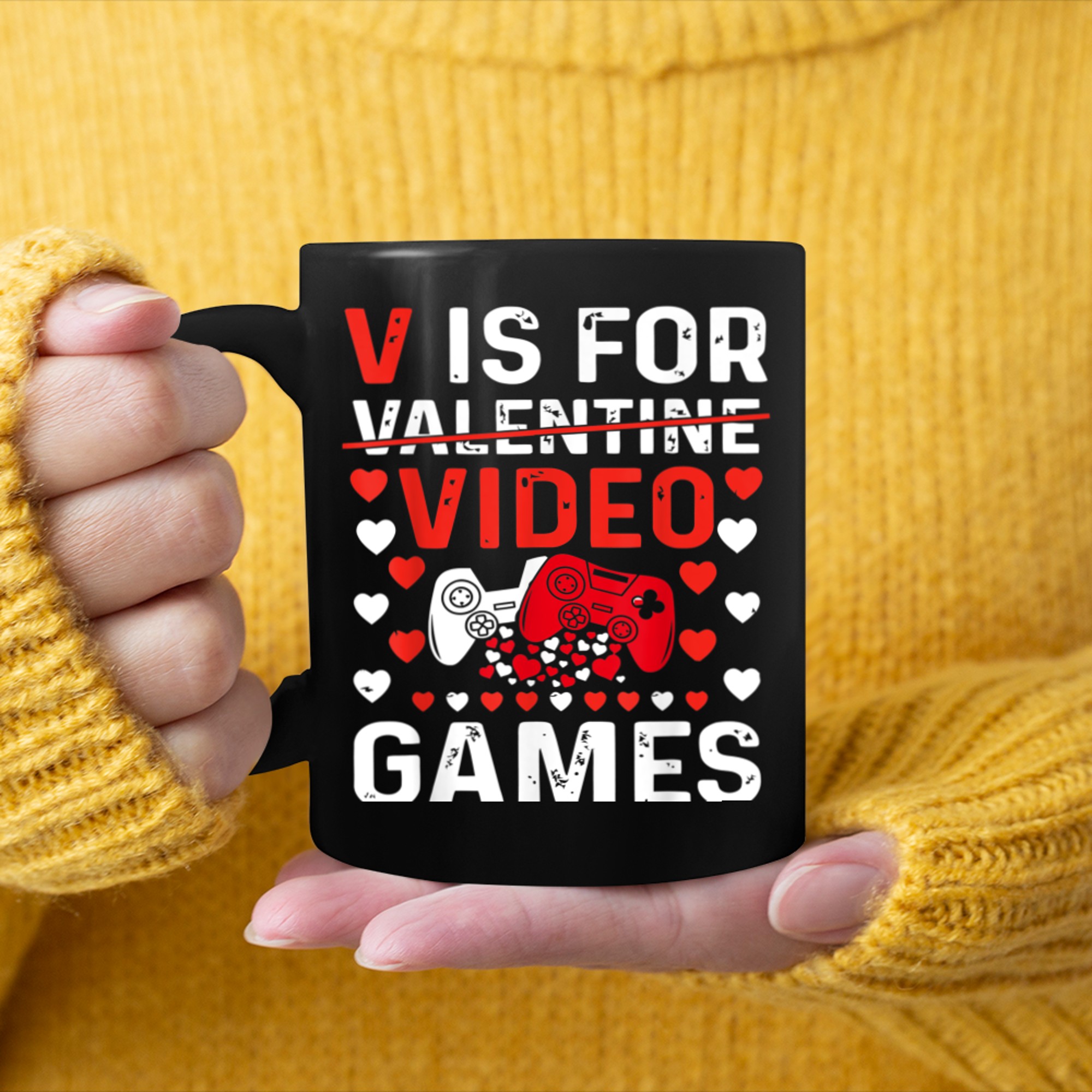 Funny V Is For Video Games Valentines Day Gamer Boy Men mug black