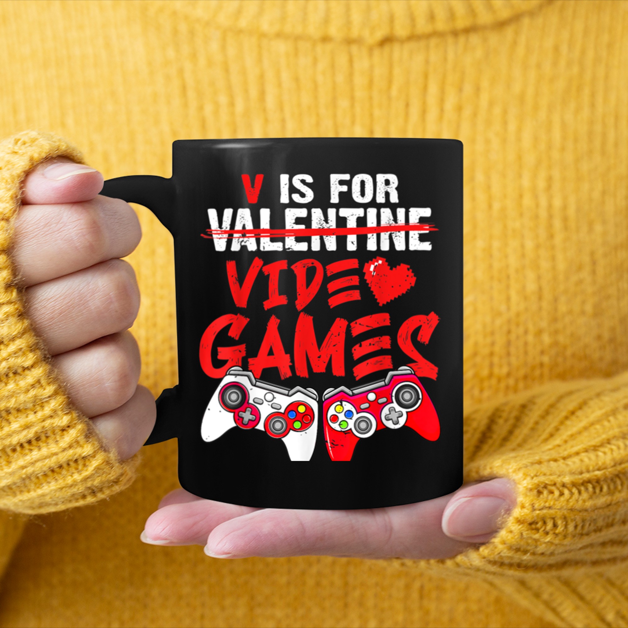 Funny Valentine's Day Gamer Boy Men V Is For Video Games mug black