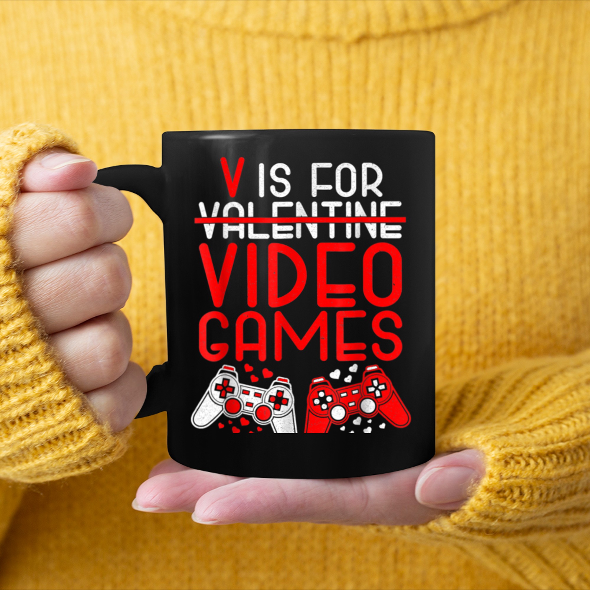 Funny Valentines Day Gamer Cute V Is For Video Games Gaming mug black