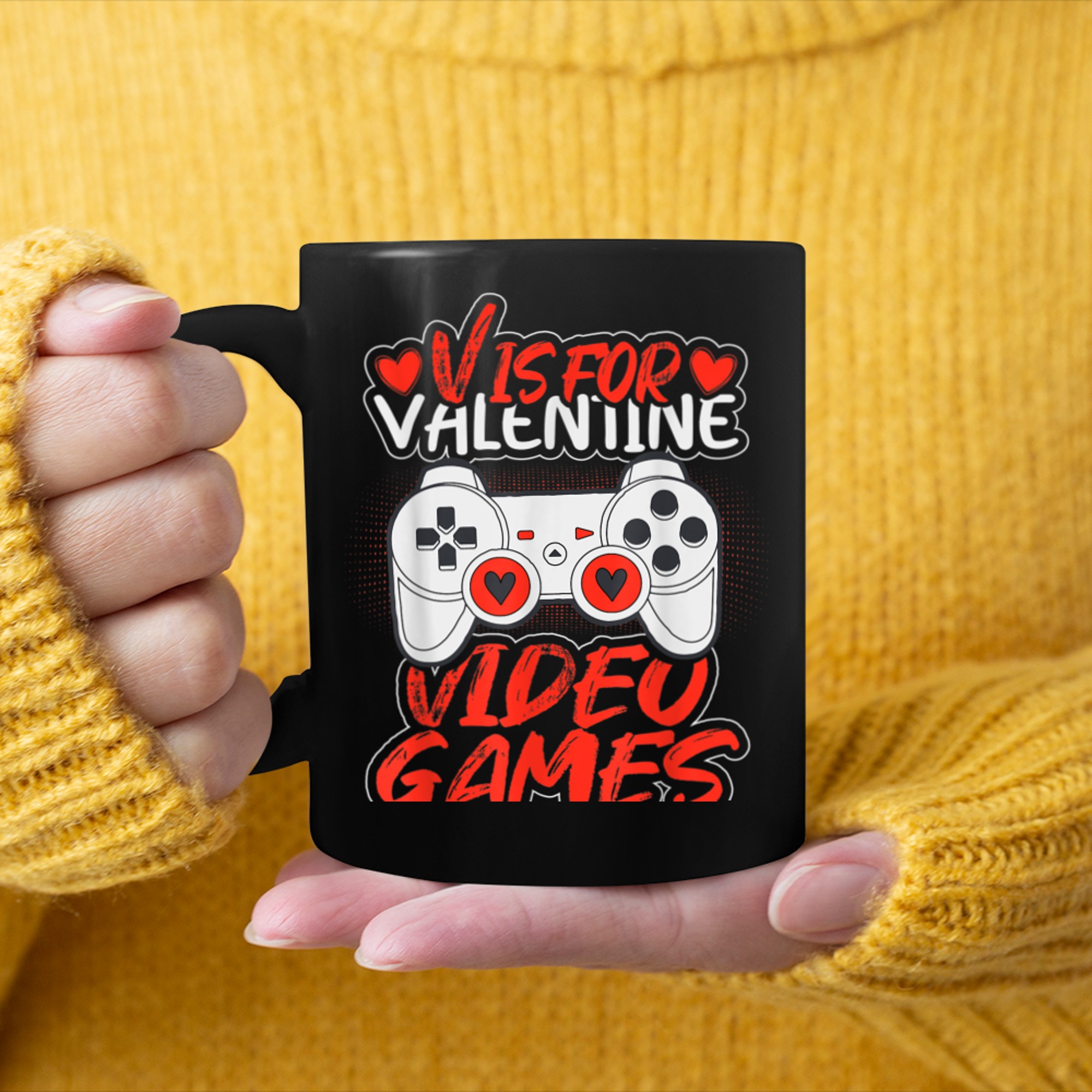 Funny Valentines Day Gamer V Is For Video Games Men Boys mug black