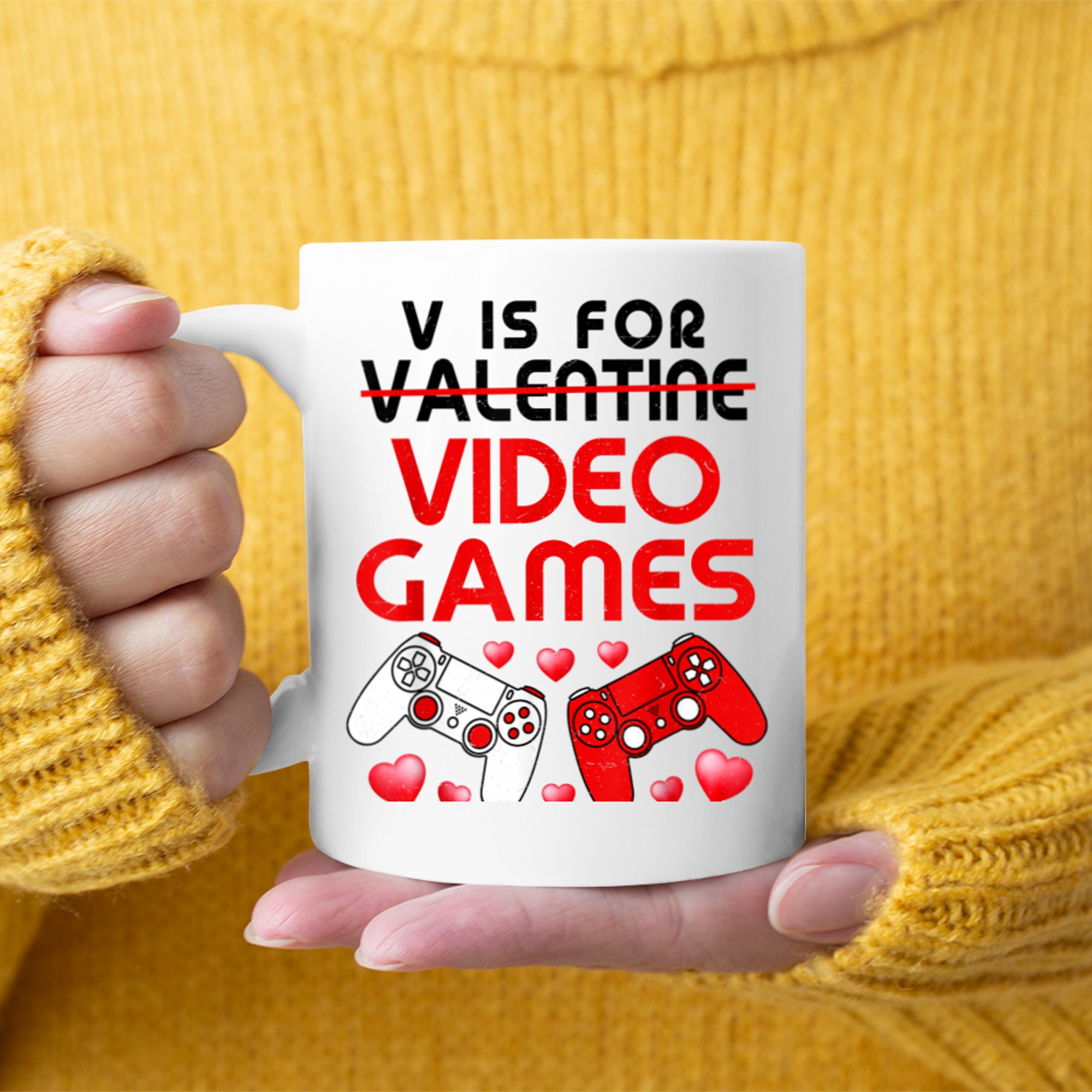 Funny Valentines Day V Is For Video Games Gamer Boy Men mug white