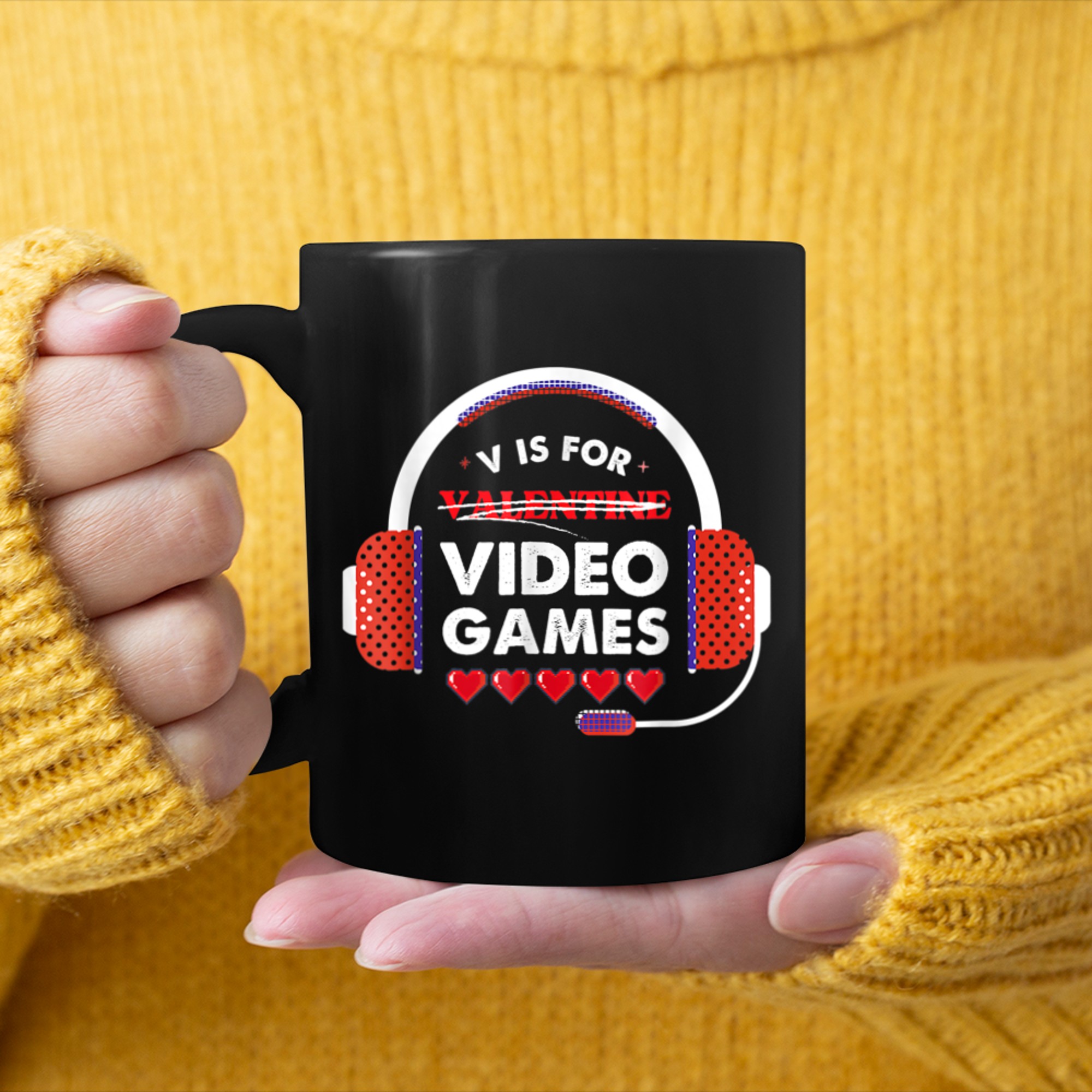 Funny Valentines Day V Is For Video Games Headphone Gamer mug black