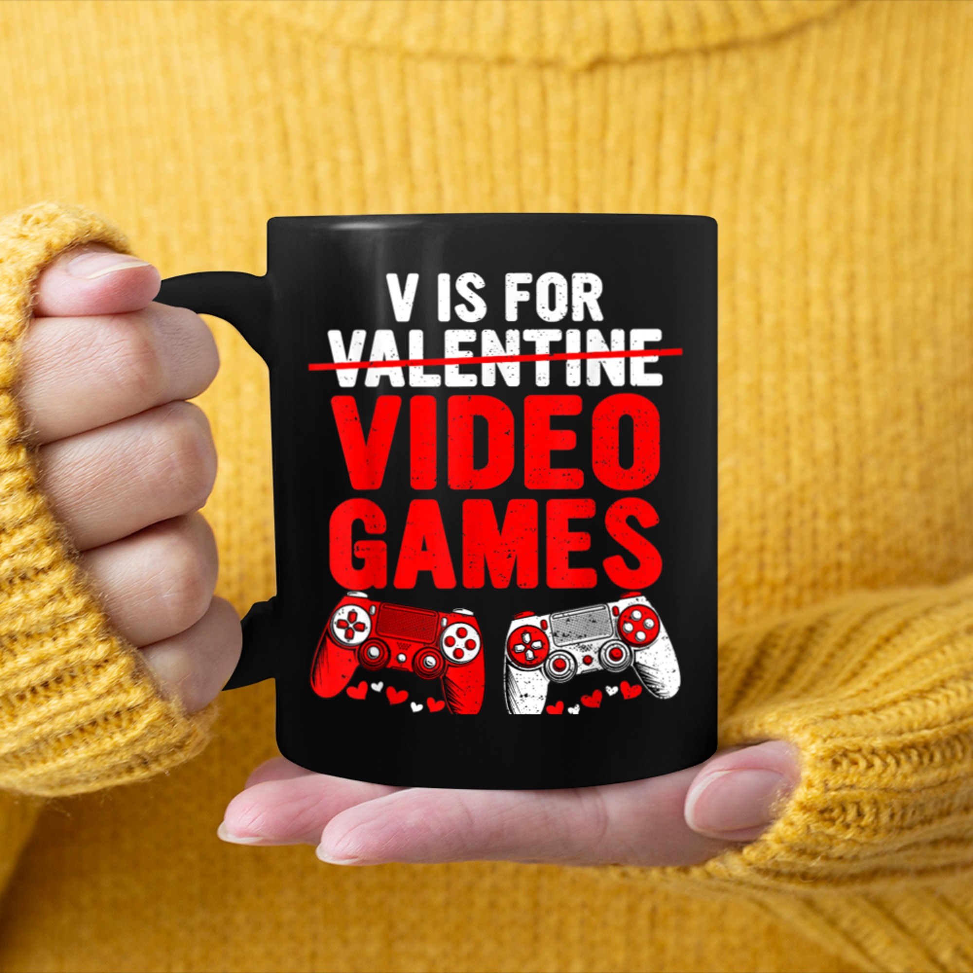 Gamer Men Boys V Is For Video Games Funny Valentines Day mug black