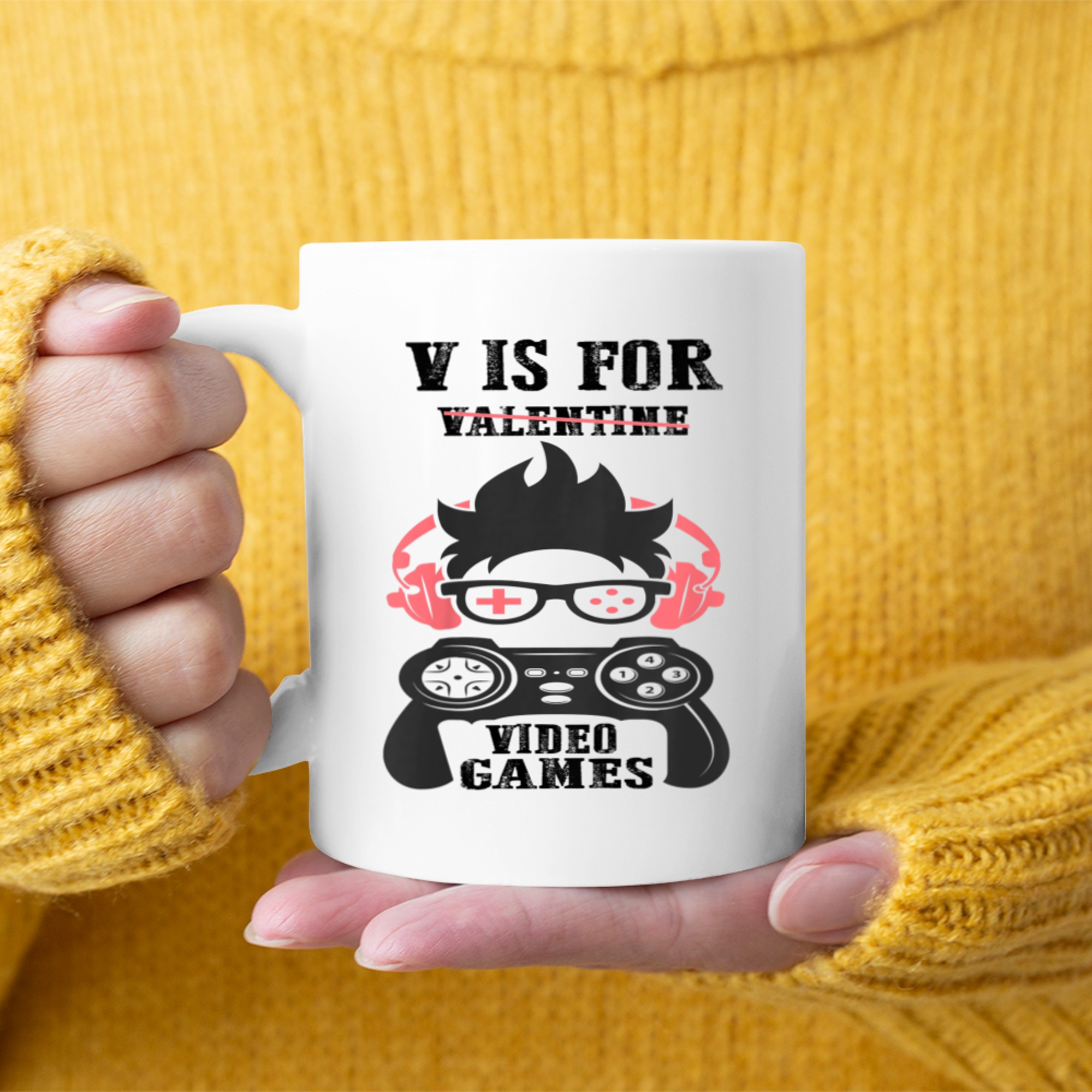 Kids v is for valentine video games, valentines day gamer mug white