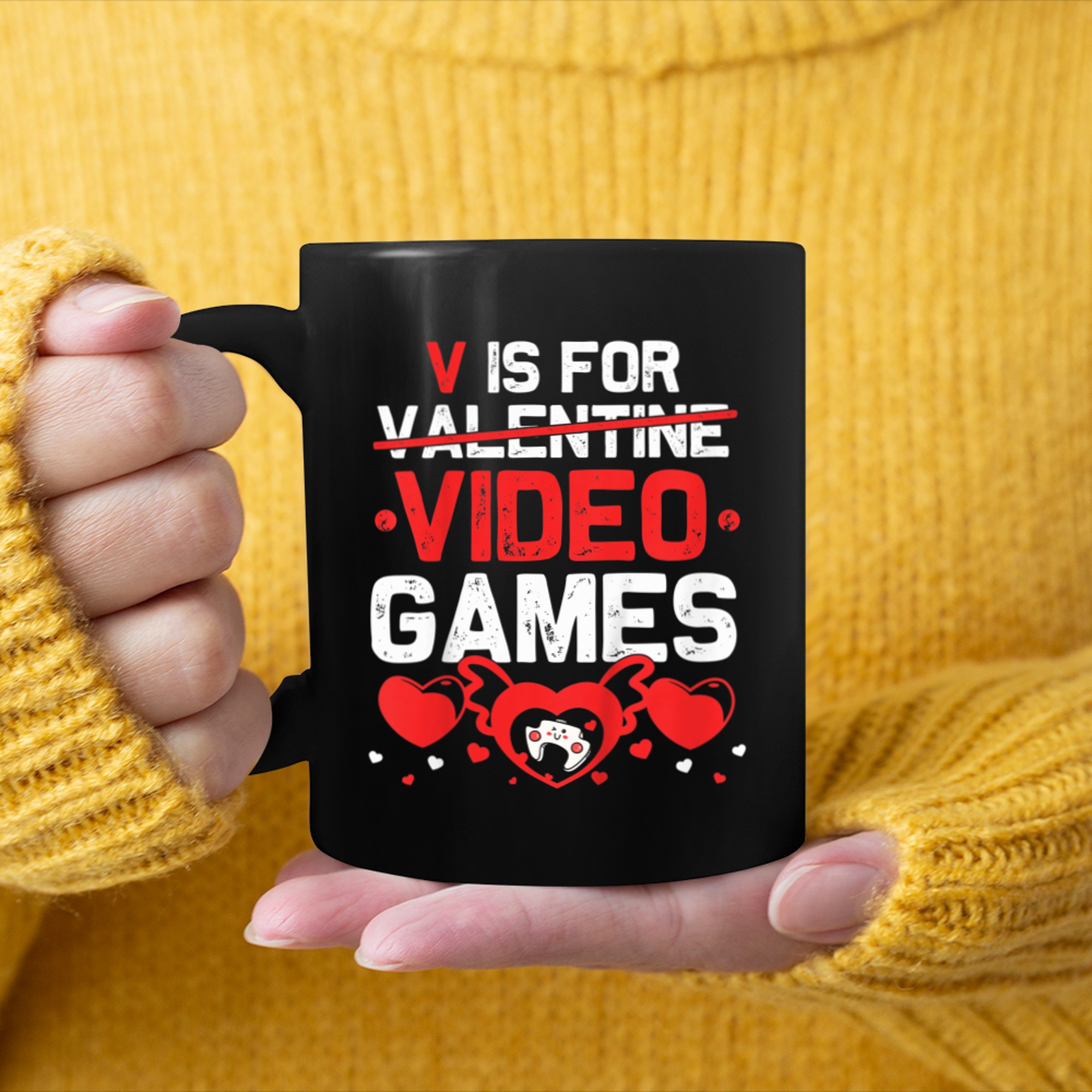 Kids V Is For Video Games TShirt Valentines Day Gamer Boy Girl mug black