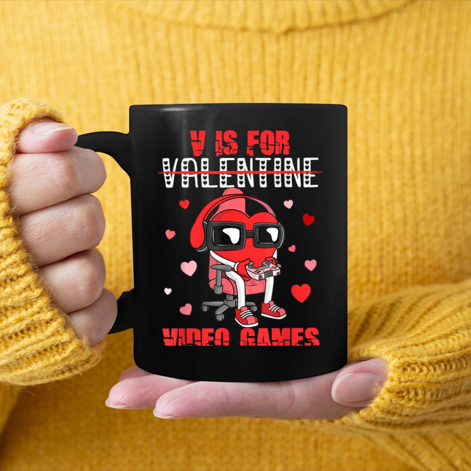 Kids V Is For Video Games Valentines Day Funny Gamer Boys mug black