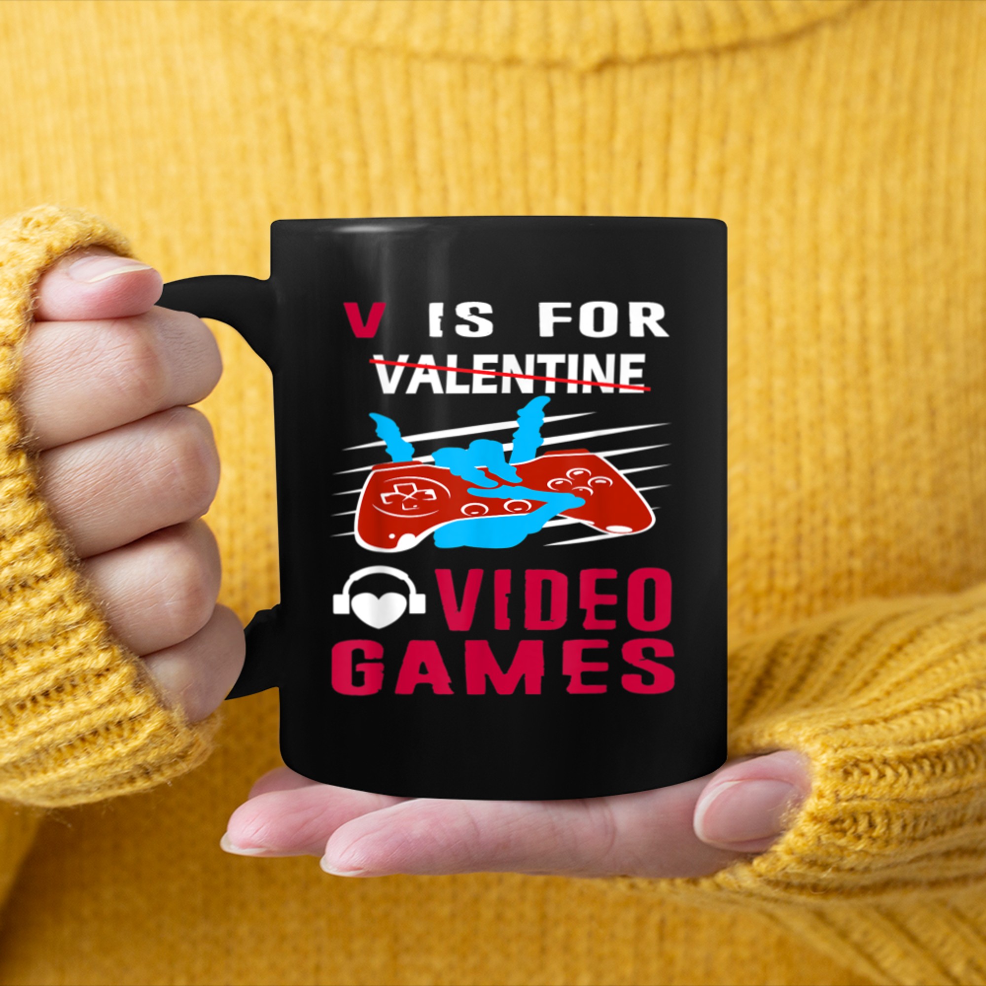 Mens V Is for Video Games Funny Valentine's Day Gamer mug black