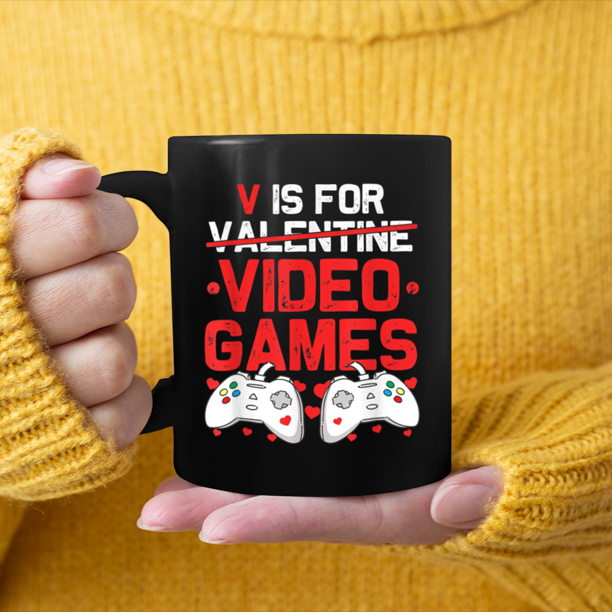 Mens V is for Video Games Valentines Day Gamer Teenager Teen Men mug black