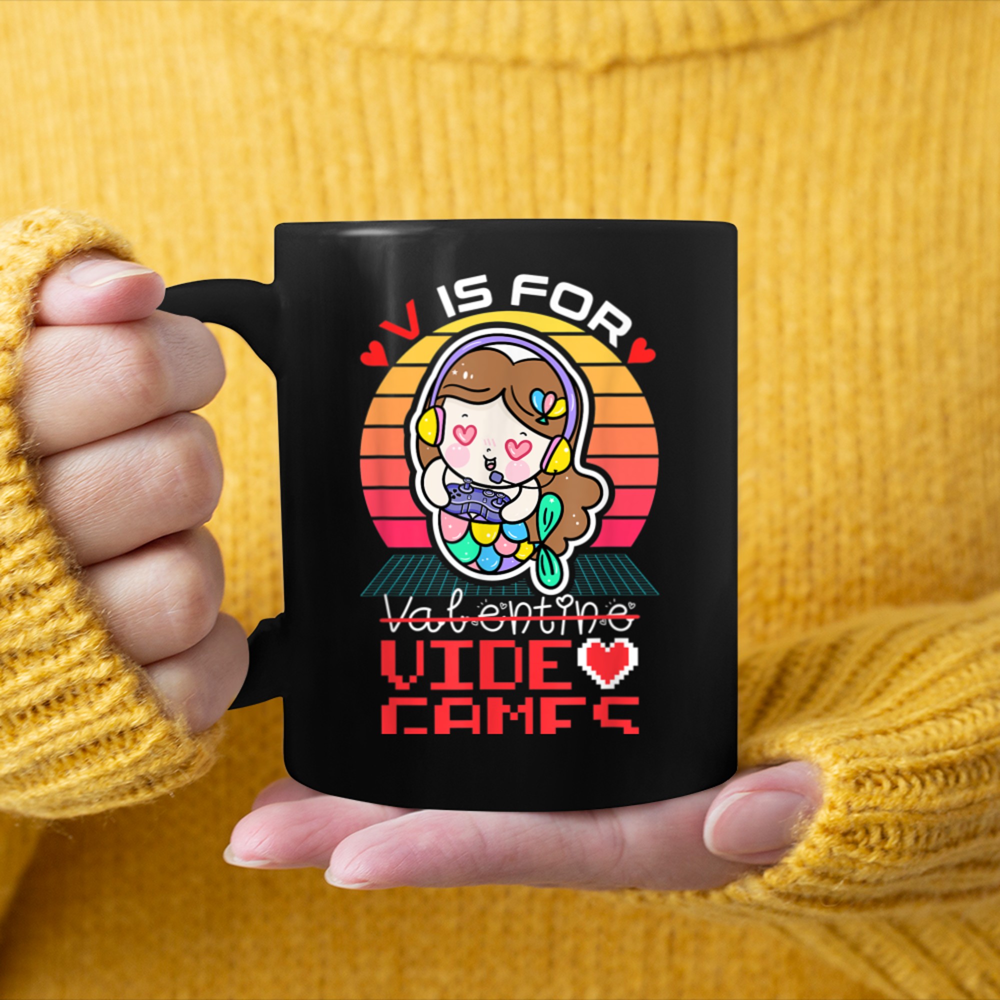 Mermaid V Is For Video Games Funny Gamer Valentines Day mug black