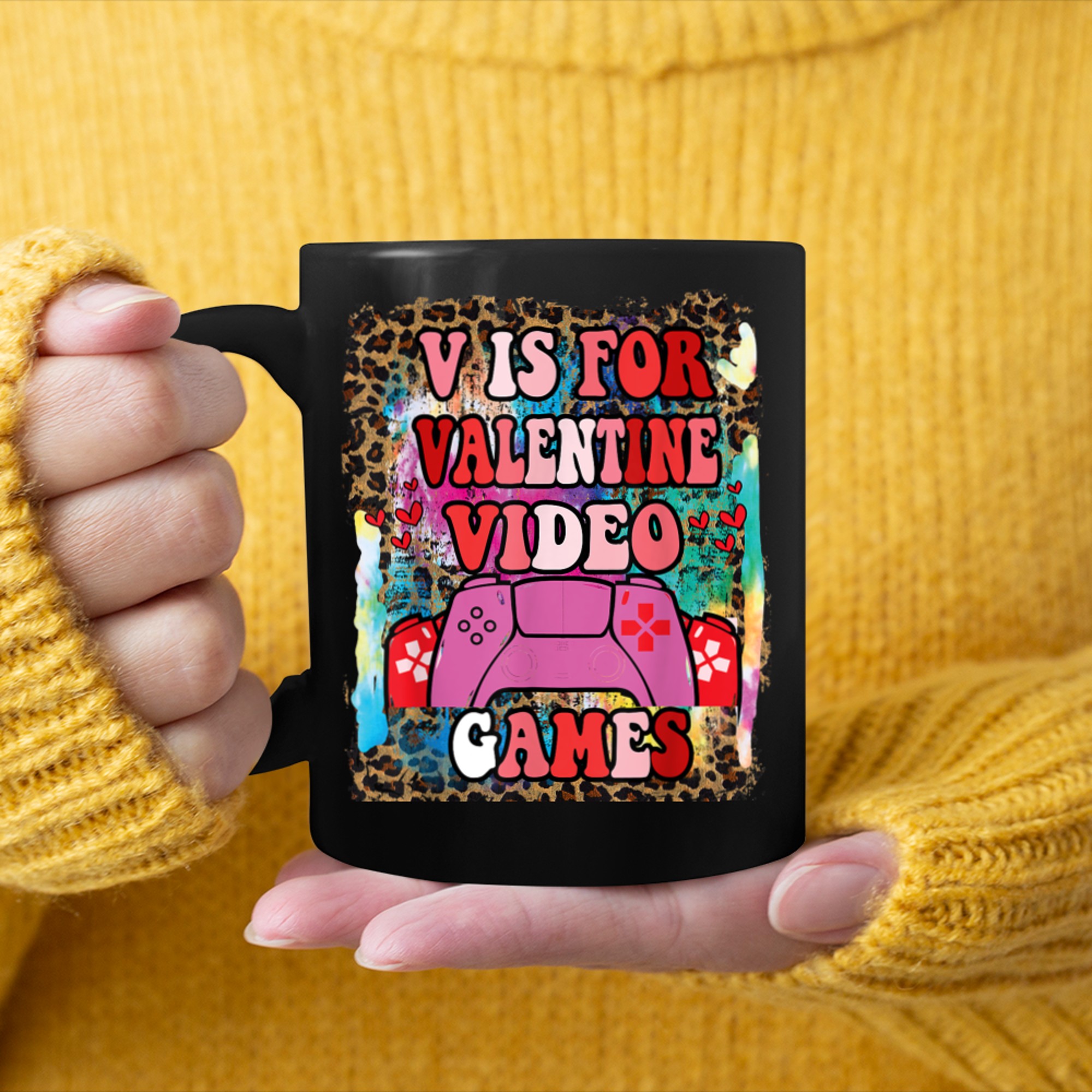 retro grovvy V Is For Video Games Funny Valentines Day Gamer mug black