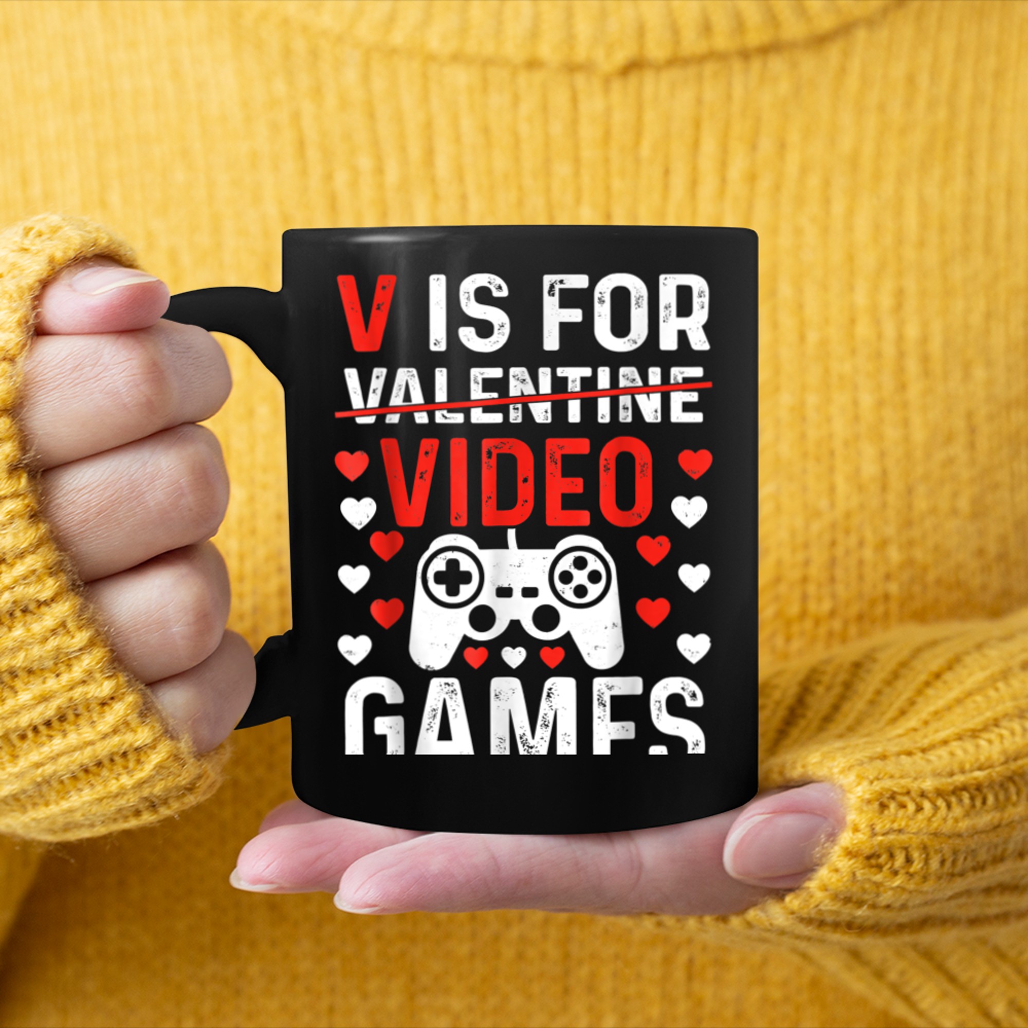 Retro V is For Video Games Valentines Day Funny Gamer Player mug black