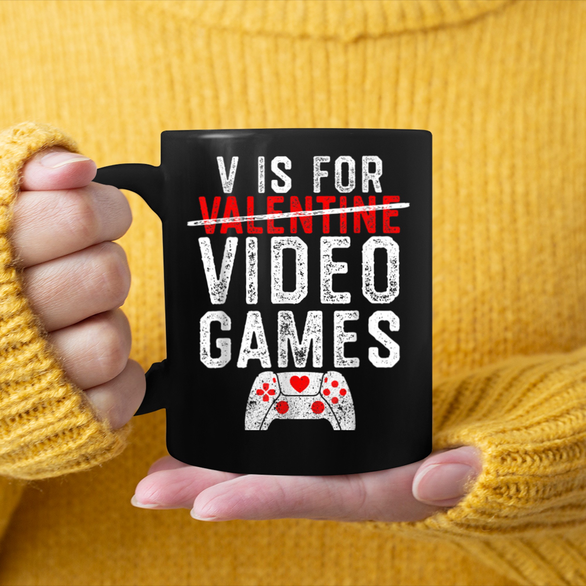 Retro V is For Video Games Valentines Day Funny Heart Player mug black