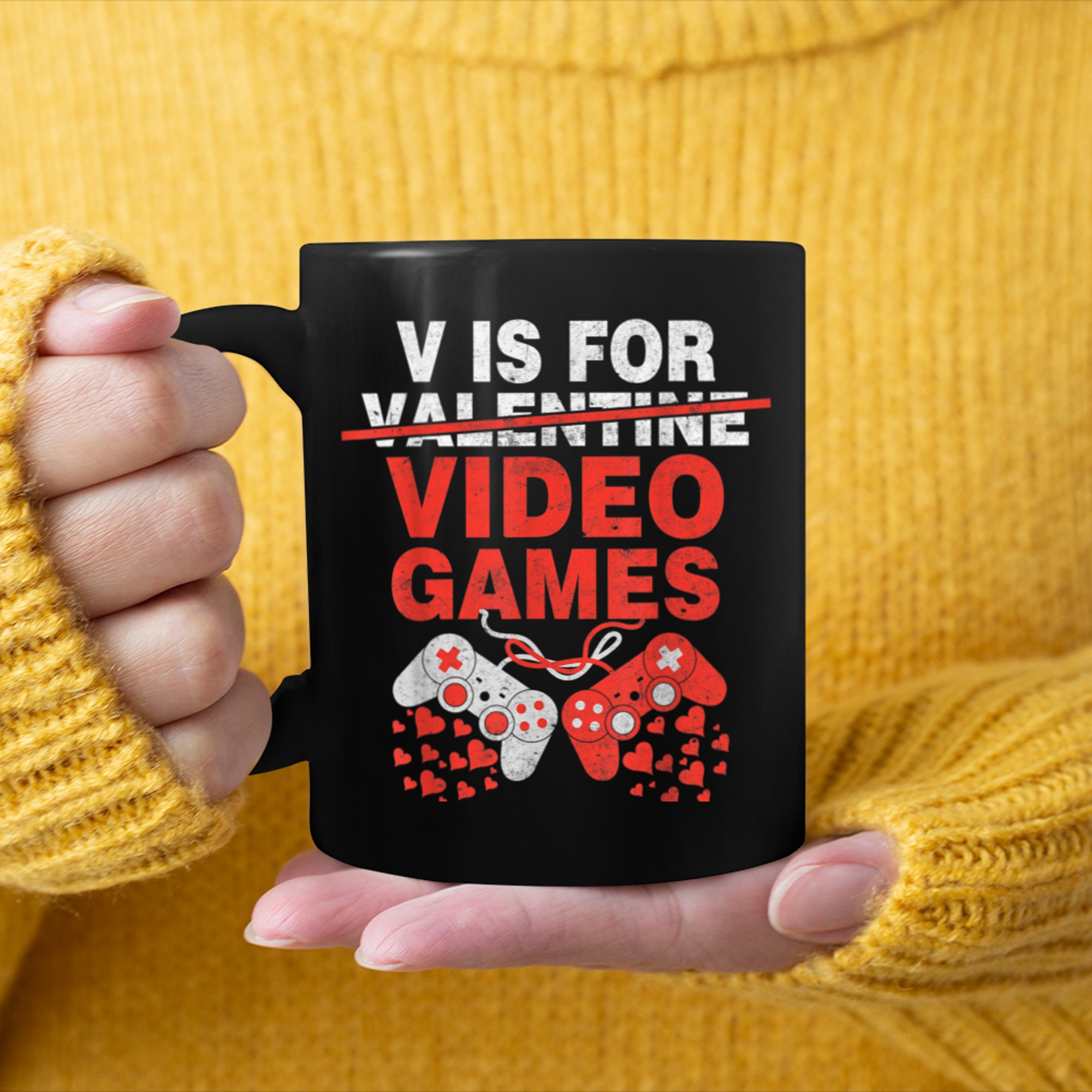 V Is For Fun Video Games, Cool Gamer Kids Boy Valentines Day mug black